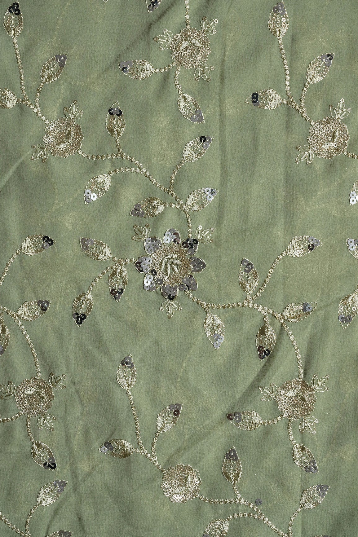 Gold And Silver Sequins Floral Embroidery Work On Olive Georgette Fabric - doeraa