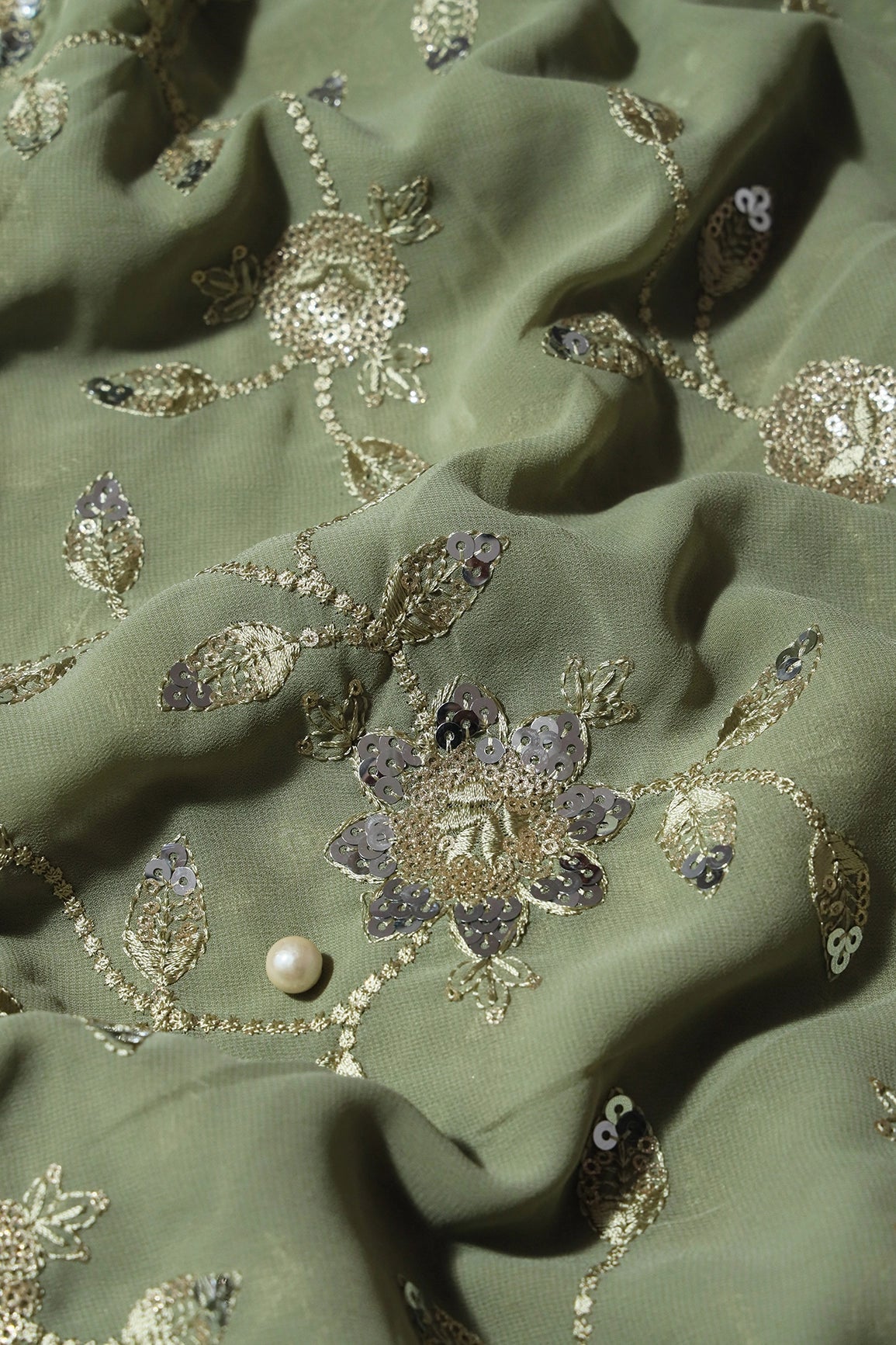Gold And Silver Sequins Floral Embroidery Work On Olive Georgette Fabric - doeraa