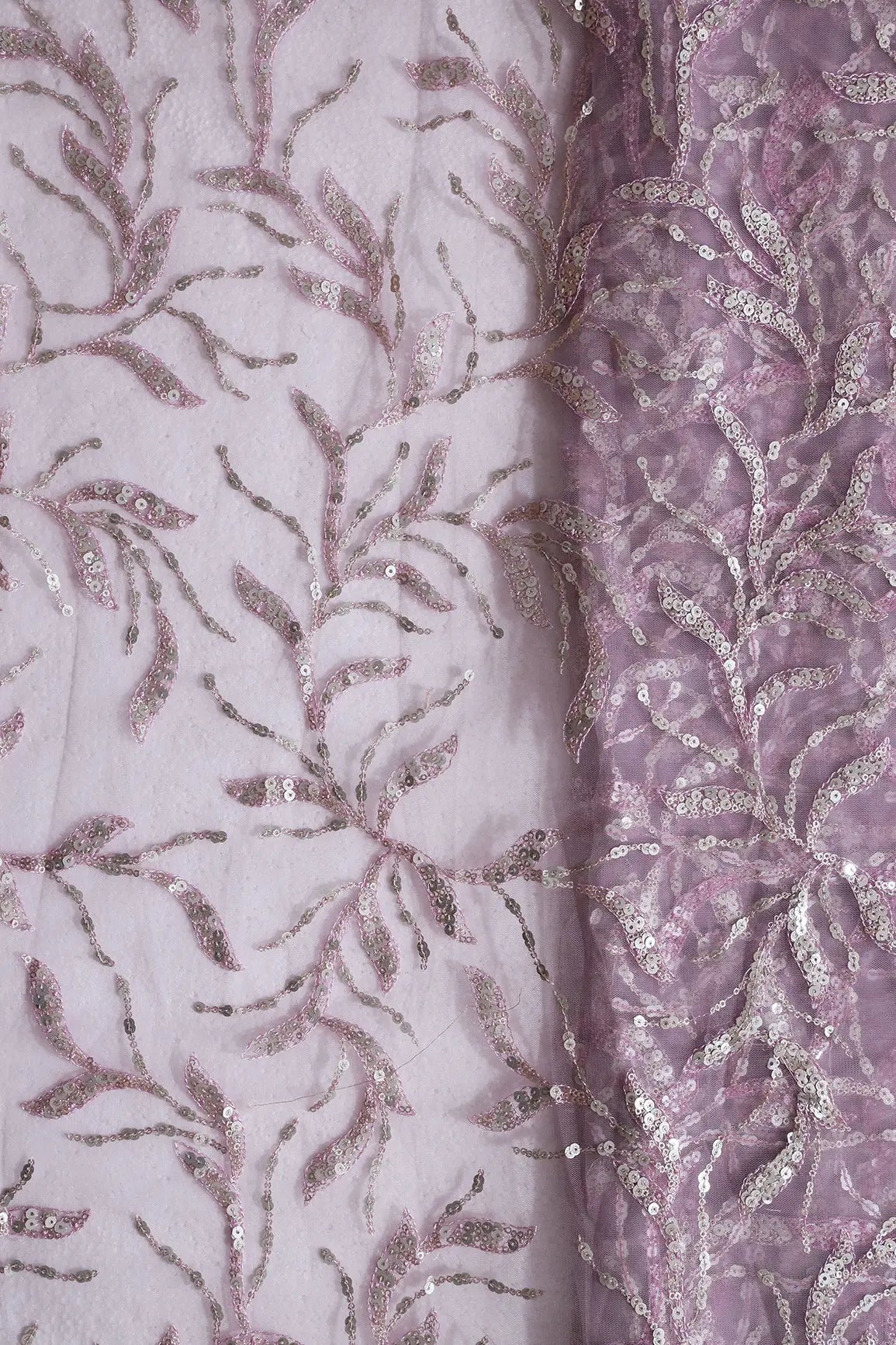 Gold And Silver Sequins Leafy Floral Embroidery On Mauve Soft Net Fabric - doeraa
