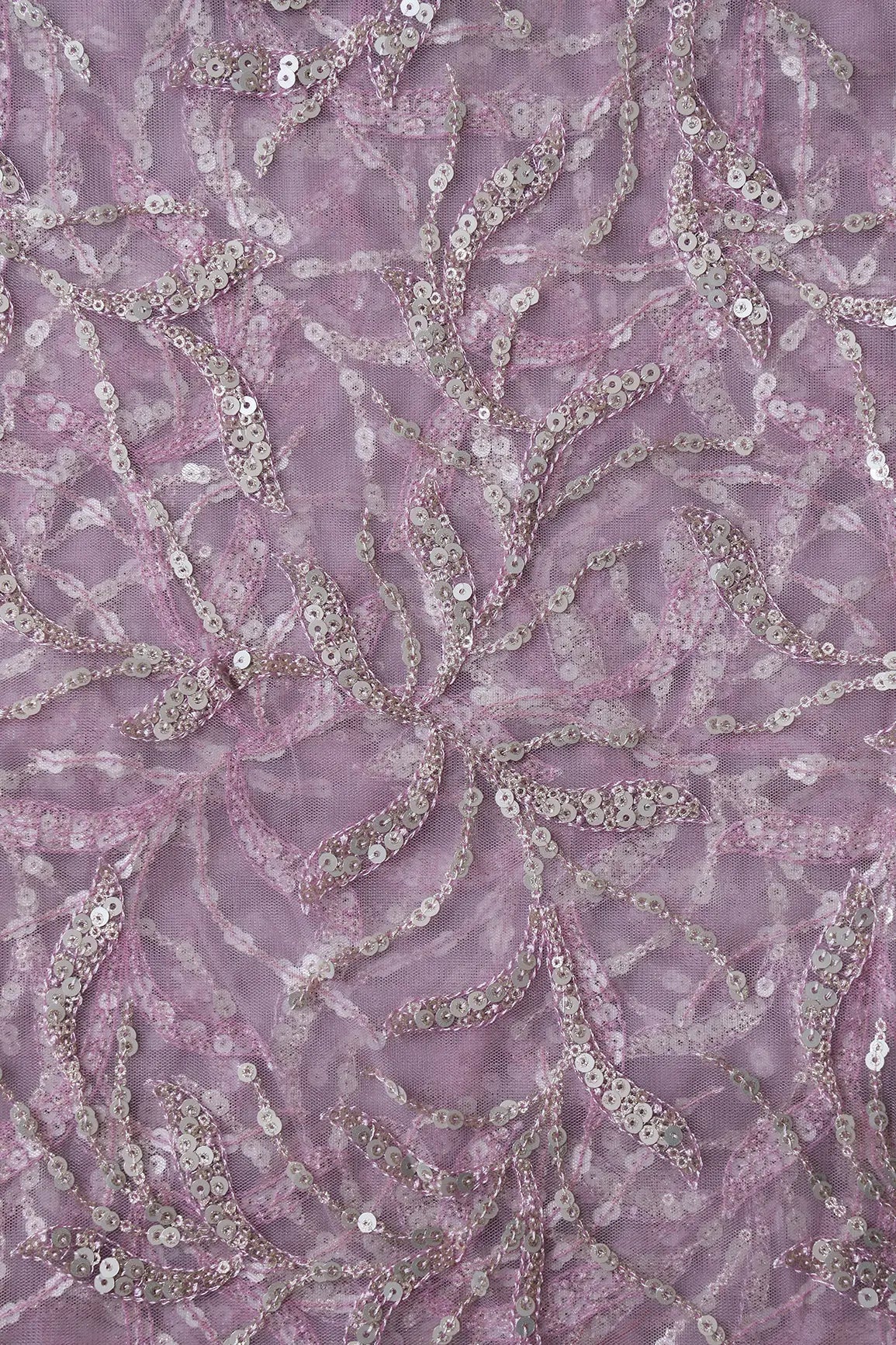 Gold And Silver Sequins Leafy Floral Embroidery On Mauve Soft Net Fabric - doeraa