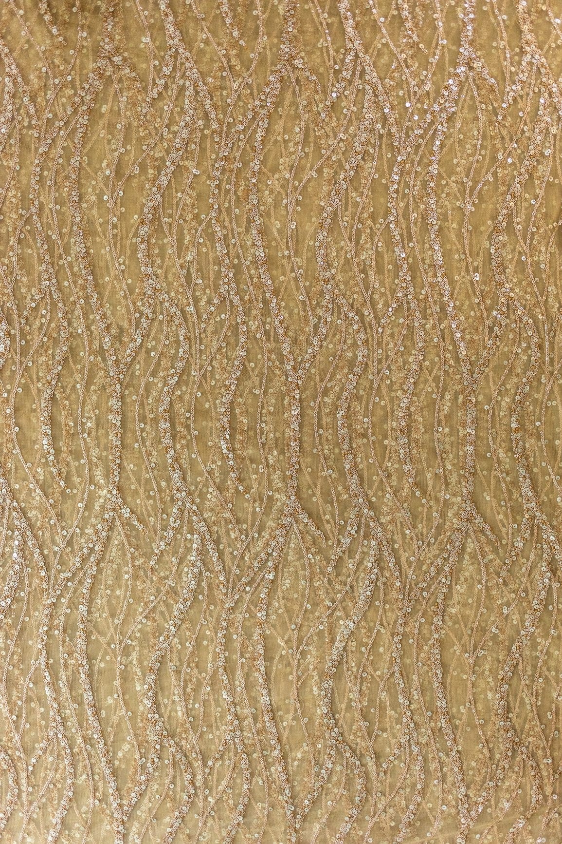 Gold And Silver Sequins With Beige Thread Embroidery on Beige Soft Net - doeraa