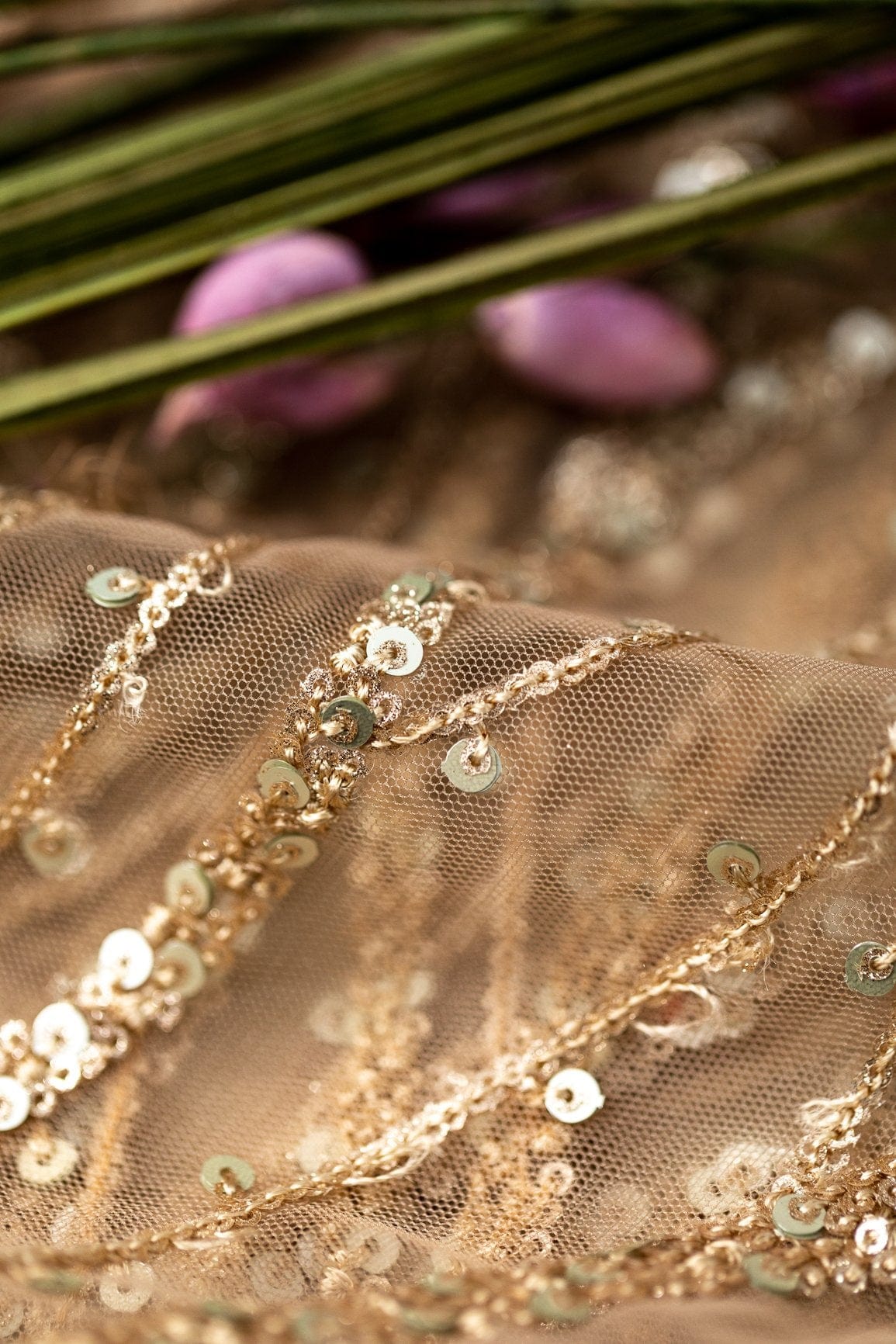 Gold And Silver Sequins With Beige Thread Embroidery on Beige Soft Net - doeraa