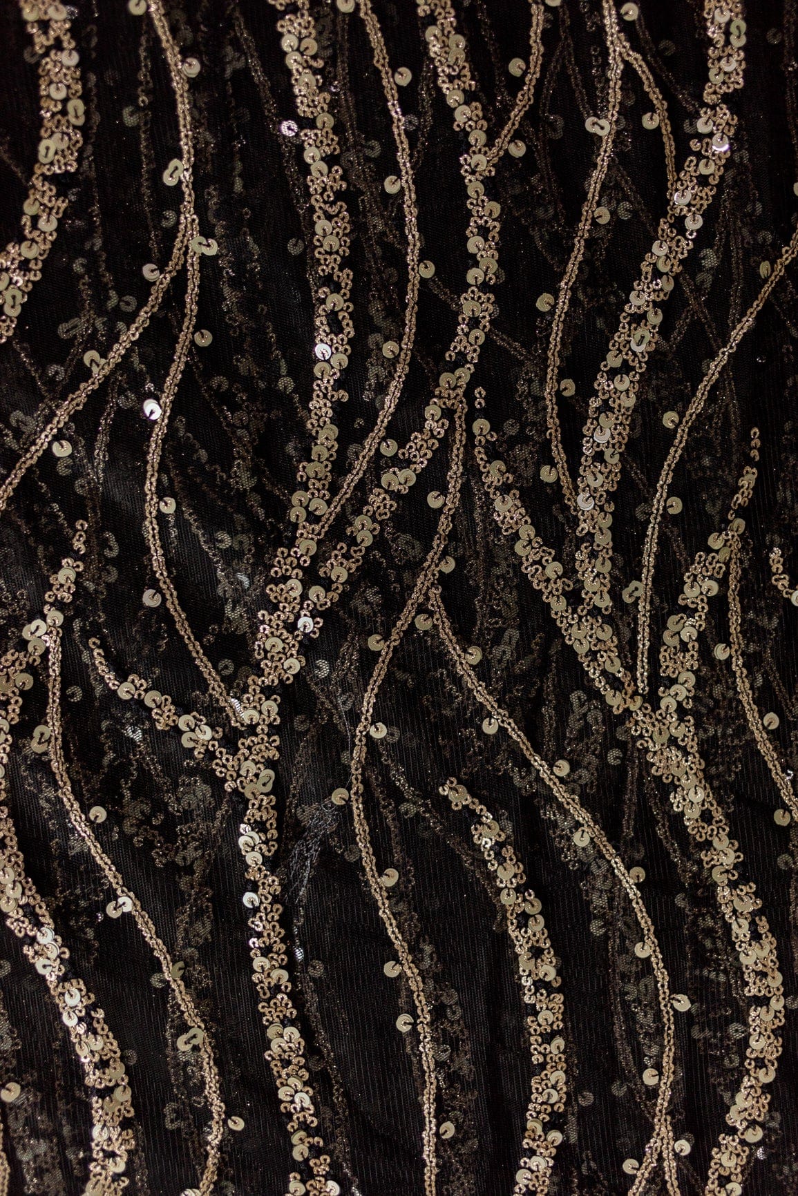 Gold And Silver Sequins With Black Thread Wavy Embroidery Work On Black Soft Net Fabric - doeraa