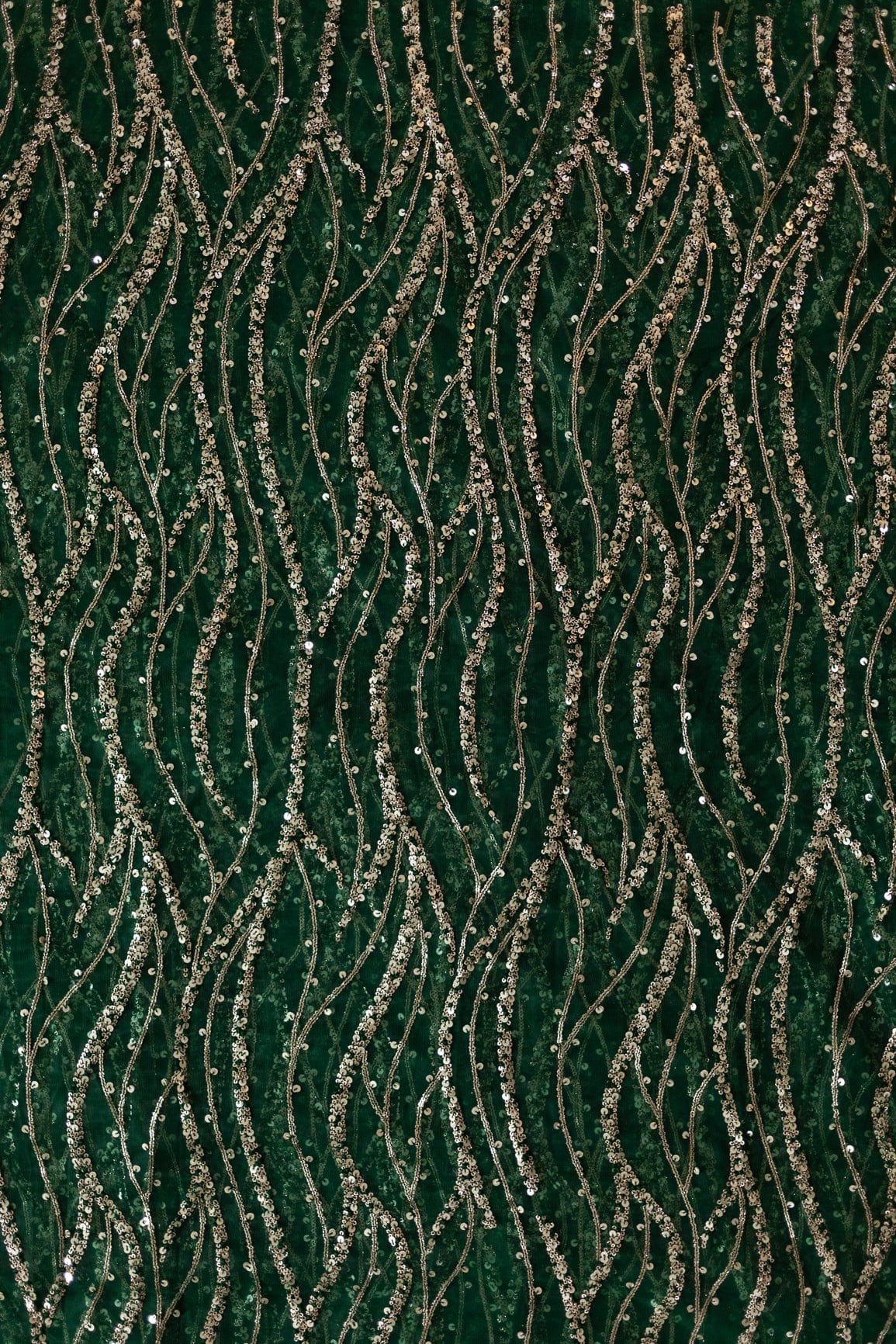 Gold And Silver Sequins With Bottle Green Thread Embroidery on Bottle Green Soft Net - doeraa