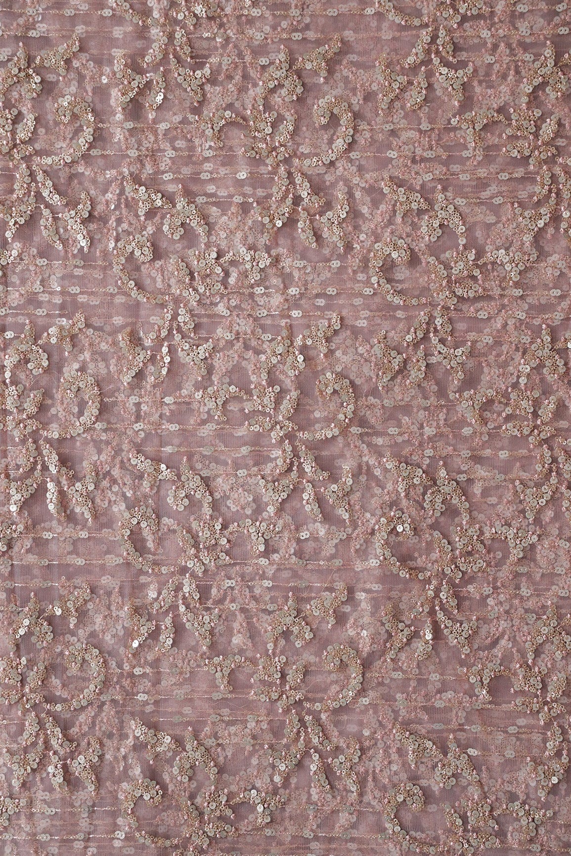 Gold And Silver Sequins With Mauve Thread Abstract Embroidery Work On Mauve Soft Net Fabric - doeraa
