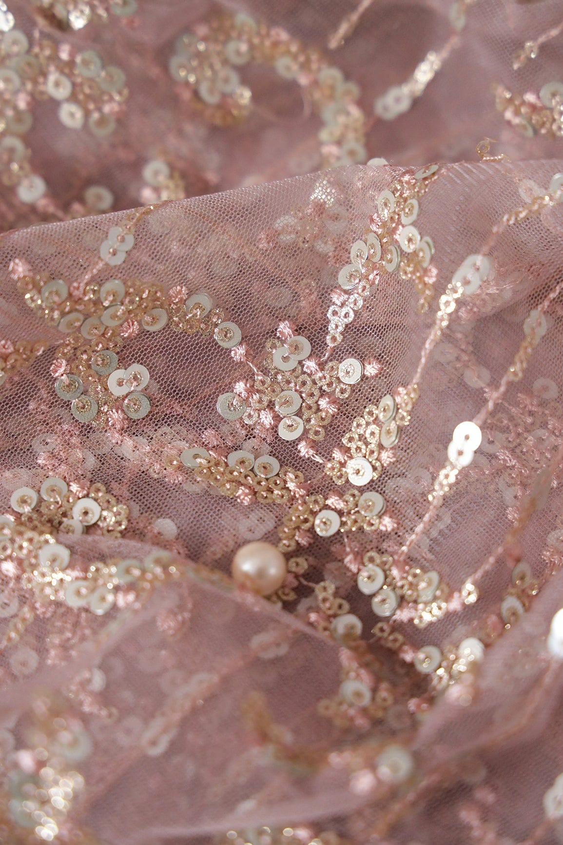 Gold And Silver Sequins With Mauve Thread Abstract Embroidery Work On Mauve Soft Net Fabric - doeraa