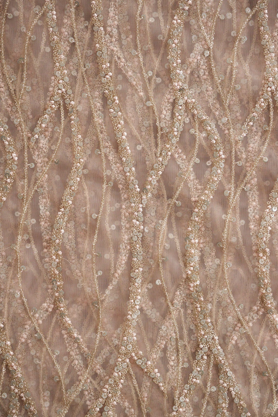 Gold And Silver Sequins With Peach Thread Embroidery on Peach Soft Net - doeraa