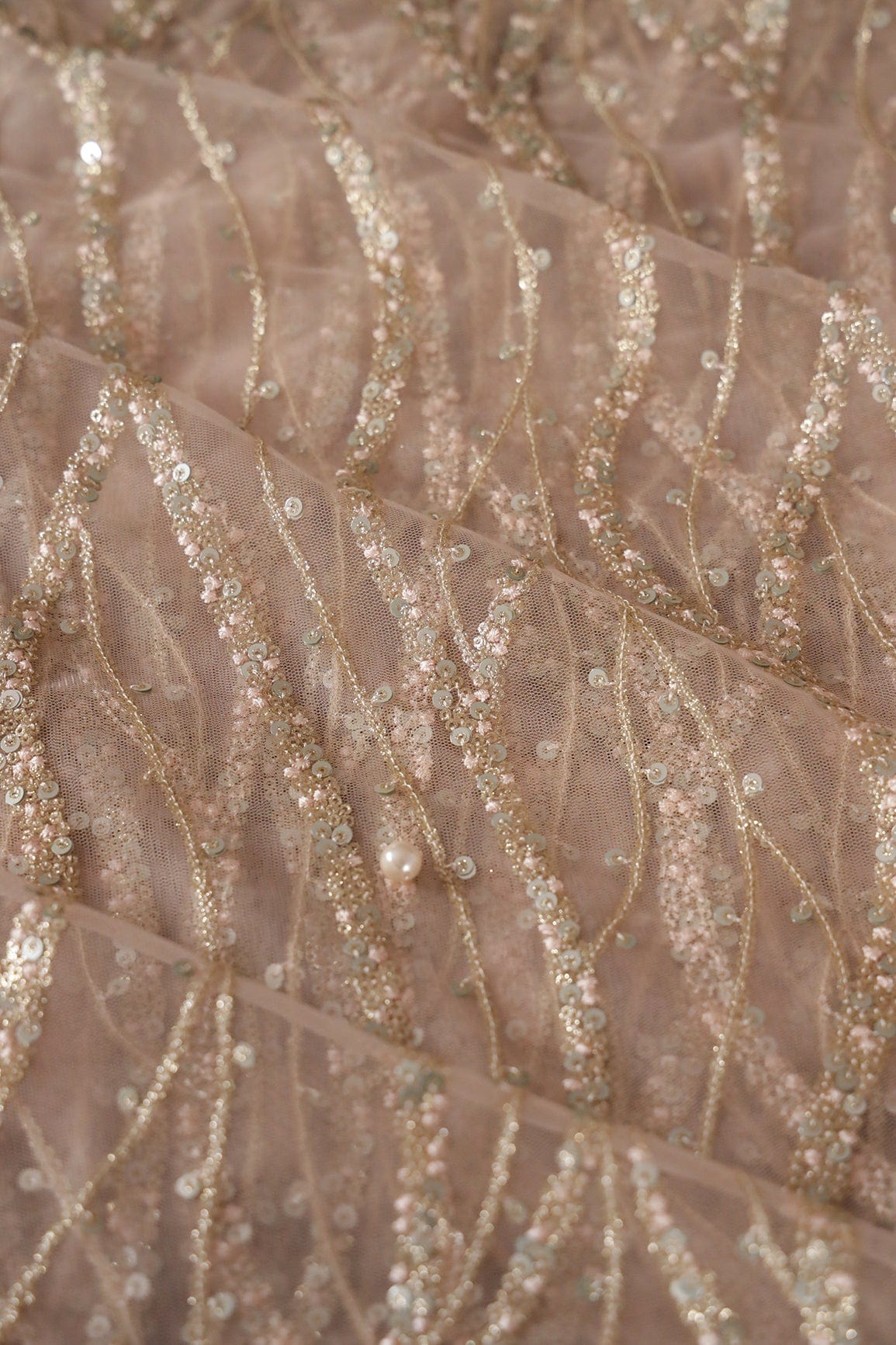Gold And Silver Sequins With Peach Thread Embroidery on Peach Soft Net - doeraa
