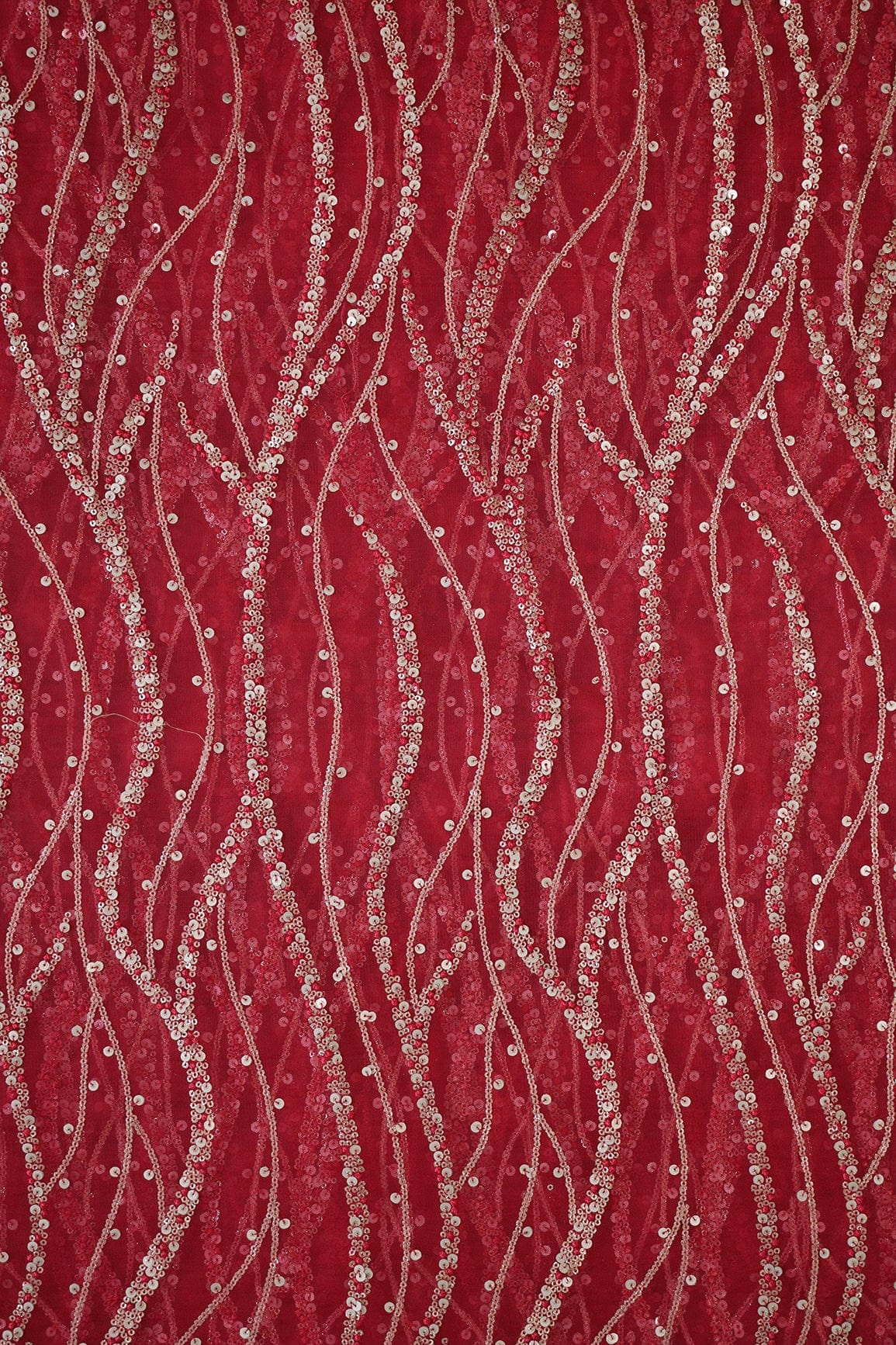 Gold And Silver Sequins With Red Thread Wavy Embroidery Work On Cherry Red Soft Net Fabric - doeraa