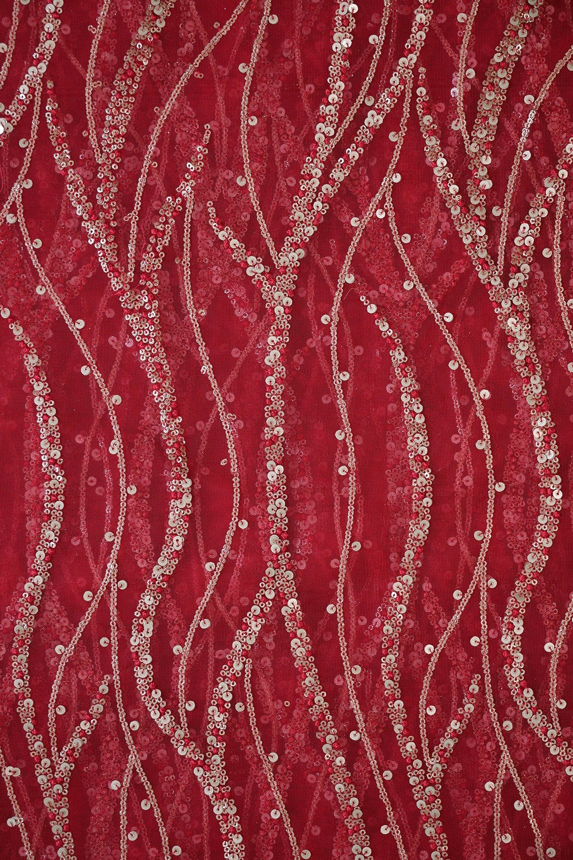 Gold And Silver Sequins With Red Thread Wavy Embroidery Work On Cherry Red Soft Net Fabric - doeraa