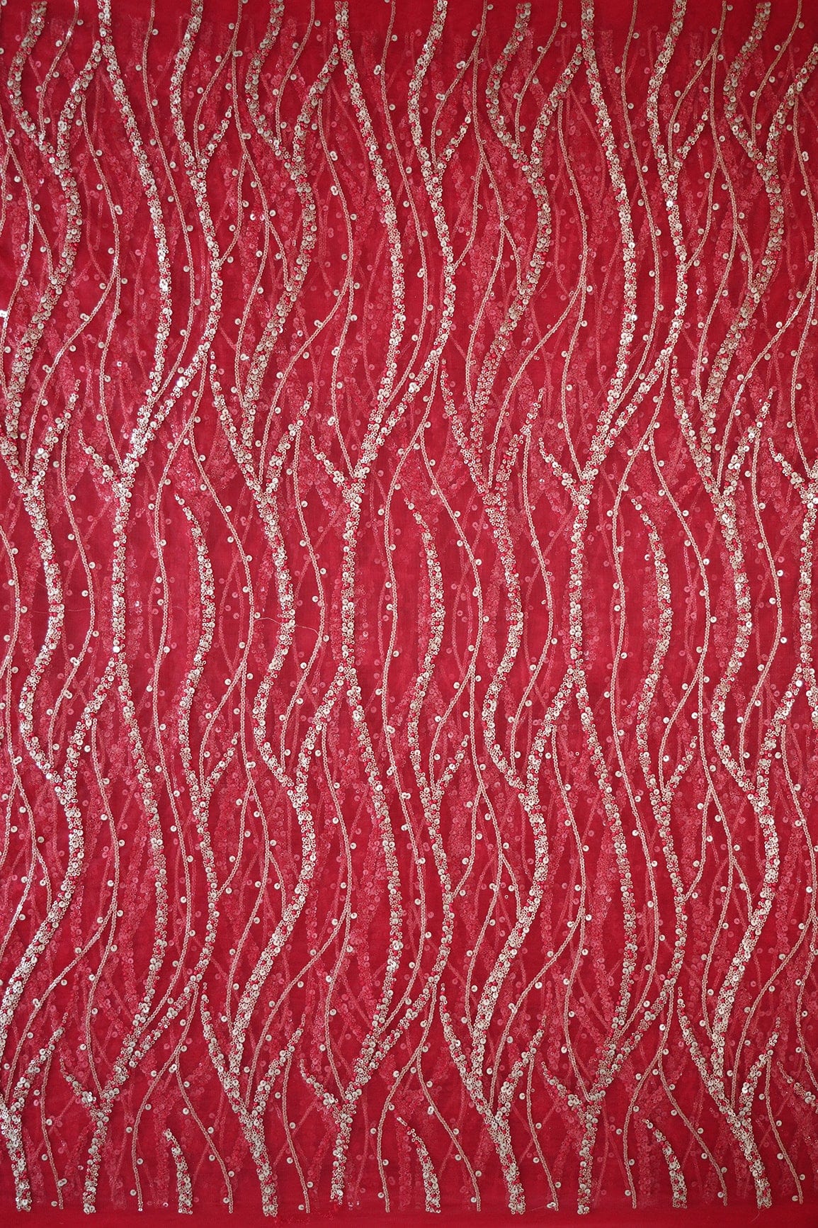 Gold And Silver Sequins With Red Thread Wavy Embroidery Work On Cherry Red Soft Net Fabric - doeraa