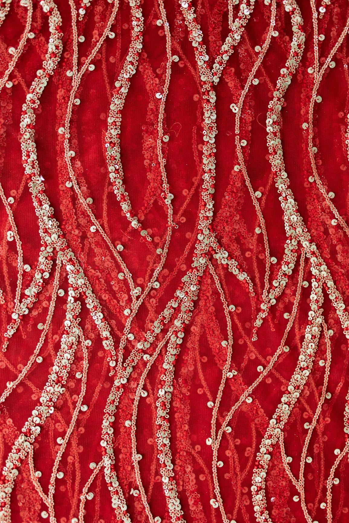 Gold And Silver Sequins With Red Thread Wavy Embroidery Work On Red Soft Net Fabric - doeraa