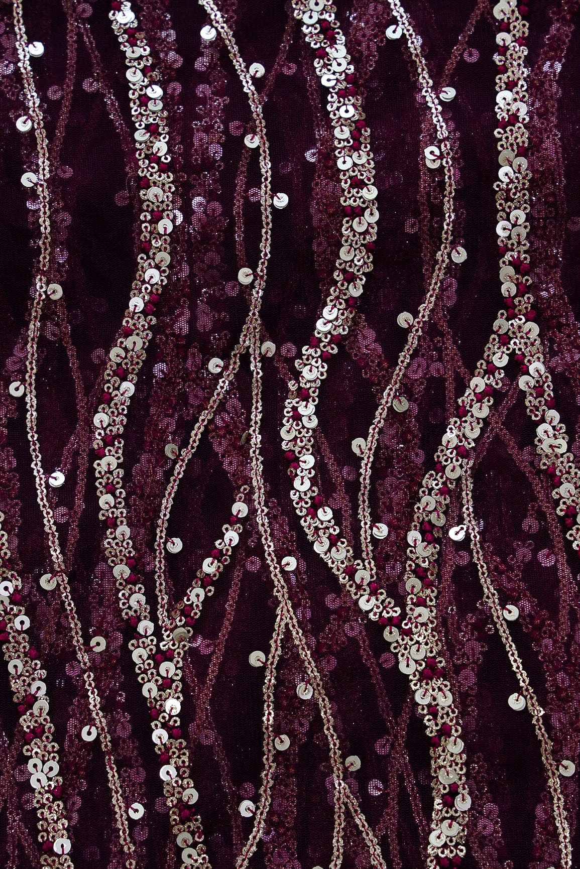 Gold And Silver Sequins With Wine Thread Wavy Embroidery Work On Wine Soft Net Fabric - doeraa