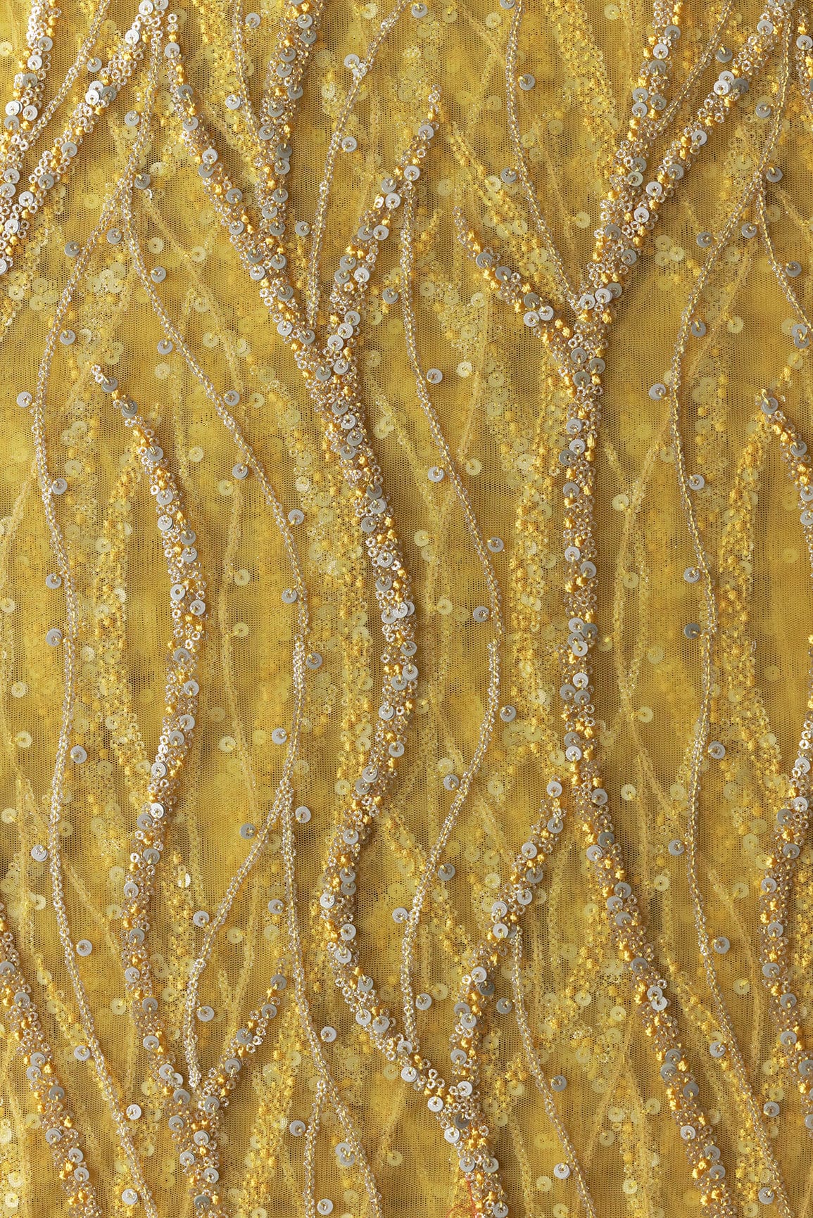 Gold And Silver Sequins With yellow Thread Wavy Embroidery Work On yellow Soft Net Fabric - doeraa