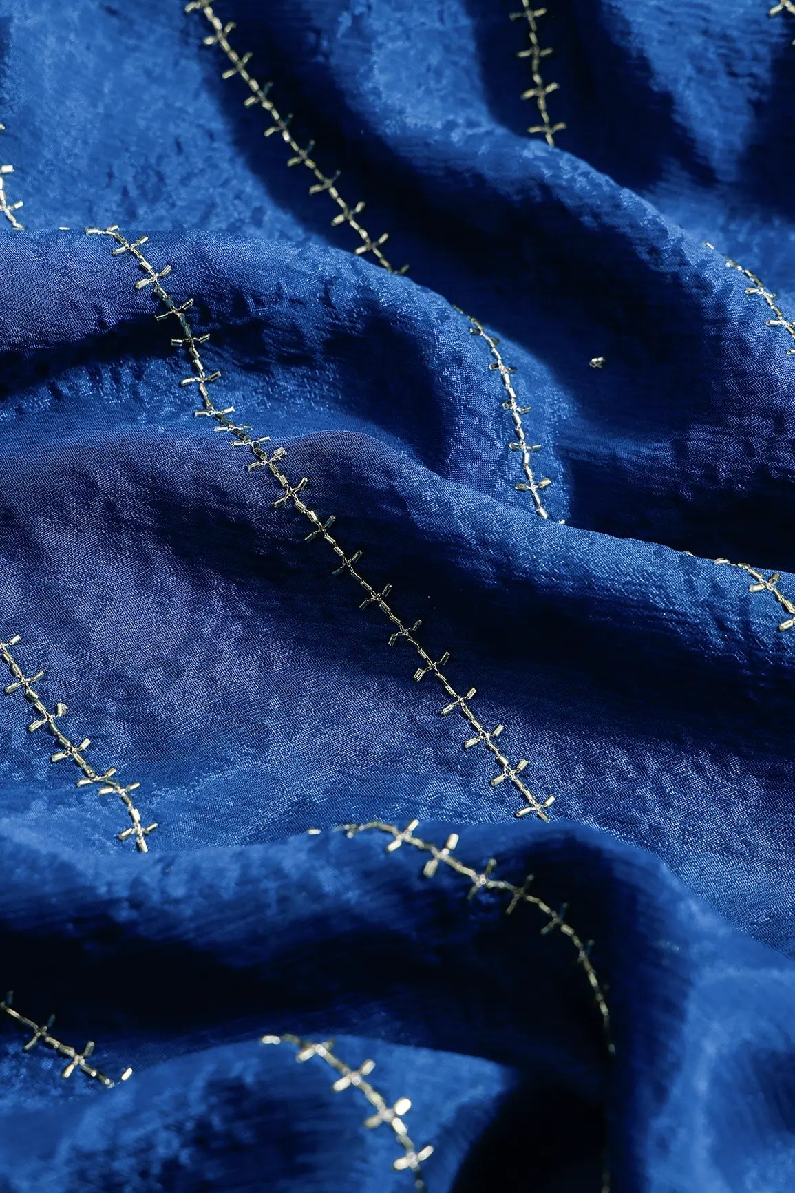 Gold Beads Cut Dana Stripes Embroidery Work On Prussian Blue Chinnon Chiffon Fabric - doeraa