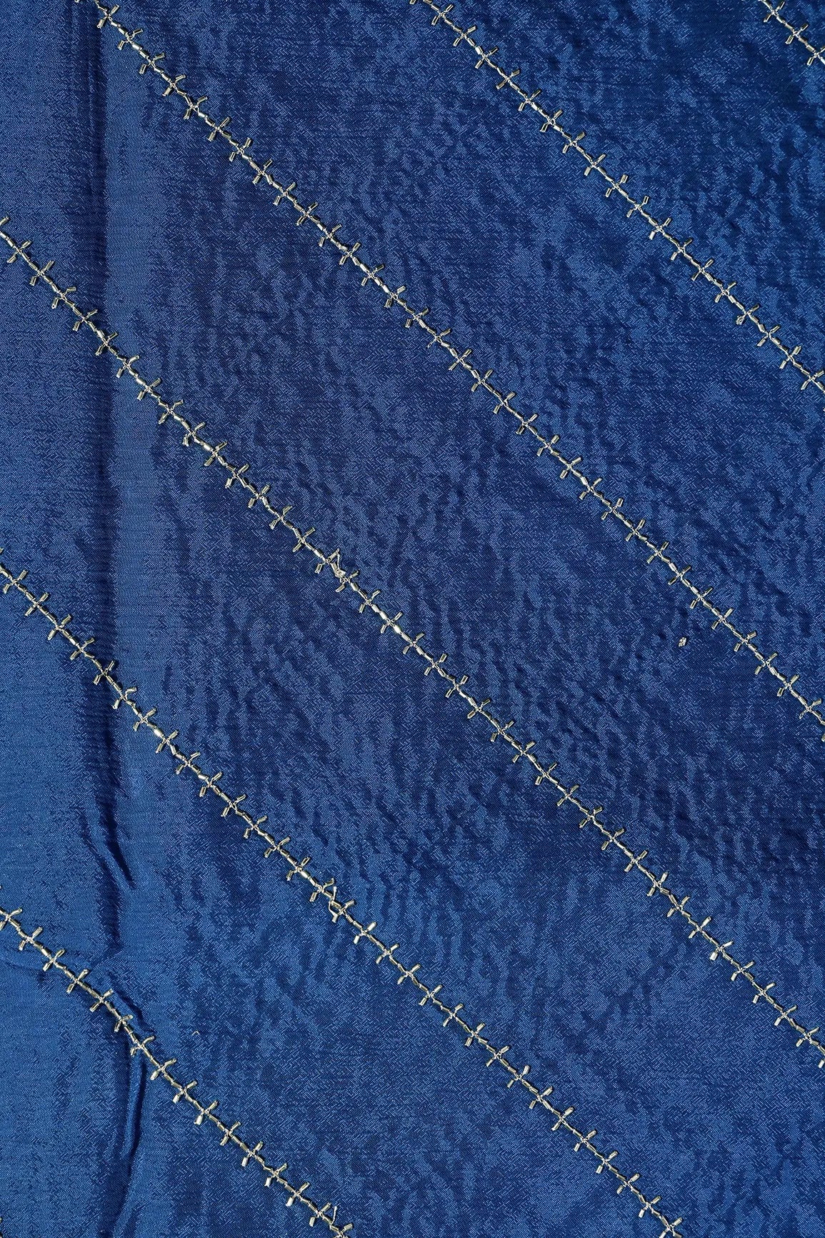 Gold Beads Cut Dana Stripes Embroidery Work On Prussian Blue Chinnon Chiffon Fabric - doeraa