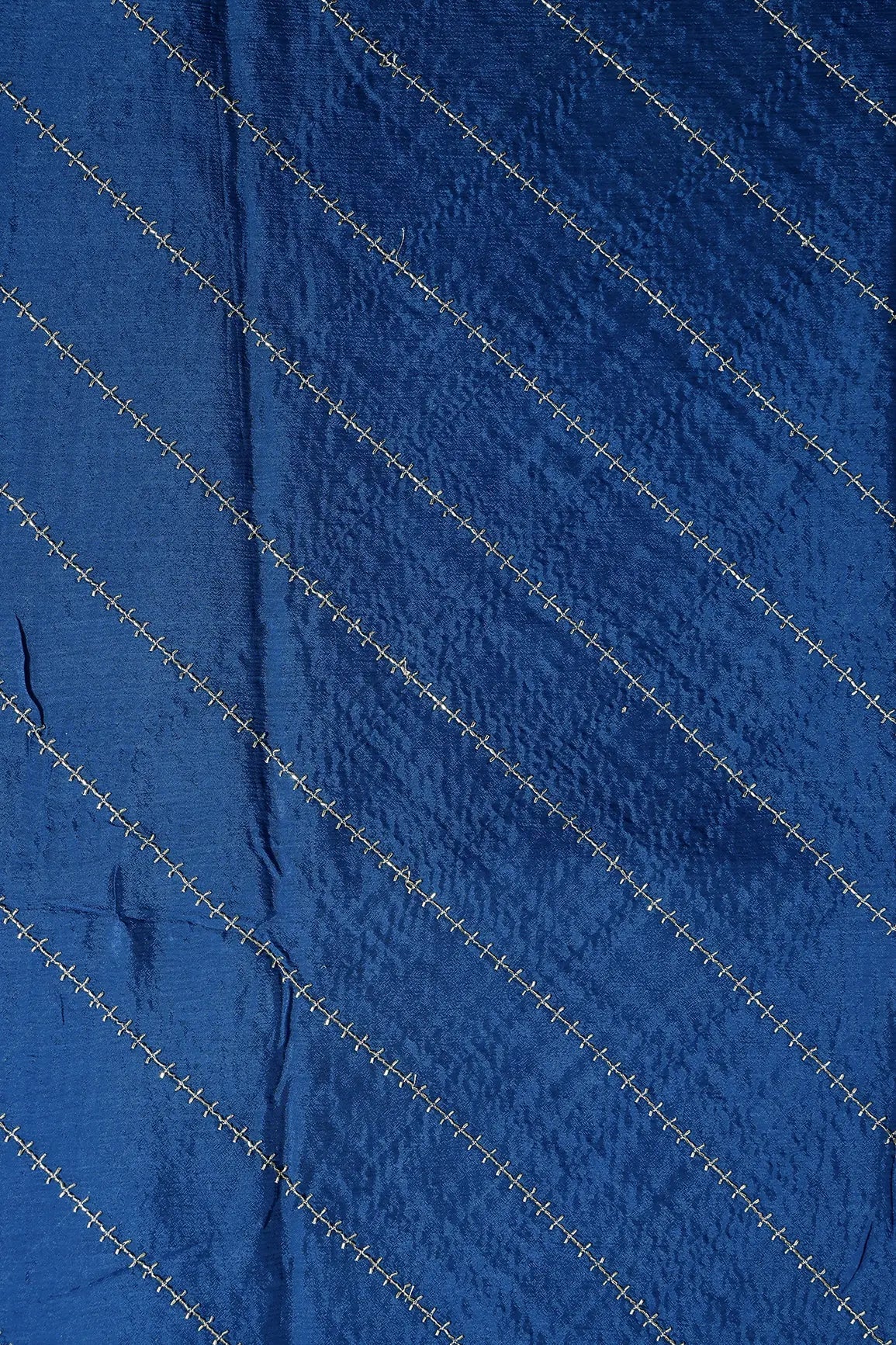 Gold Beads Cut Dana Stripes Embroidery Work On Prussian Blue Chinnon Chiffon Fabric - doeraa