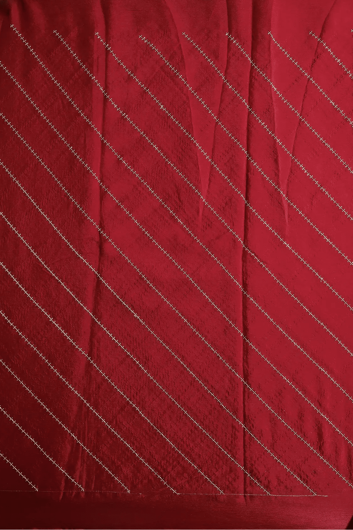 Gold Beads Cut Dana Stripes Embroidery Work On Red Chinnon Chiffon Fabric - doeraa