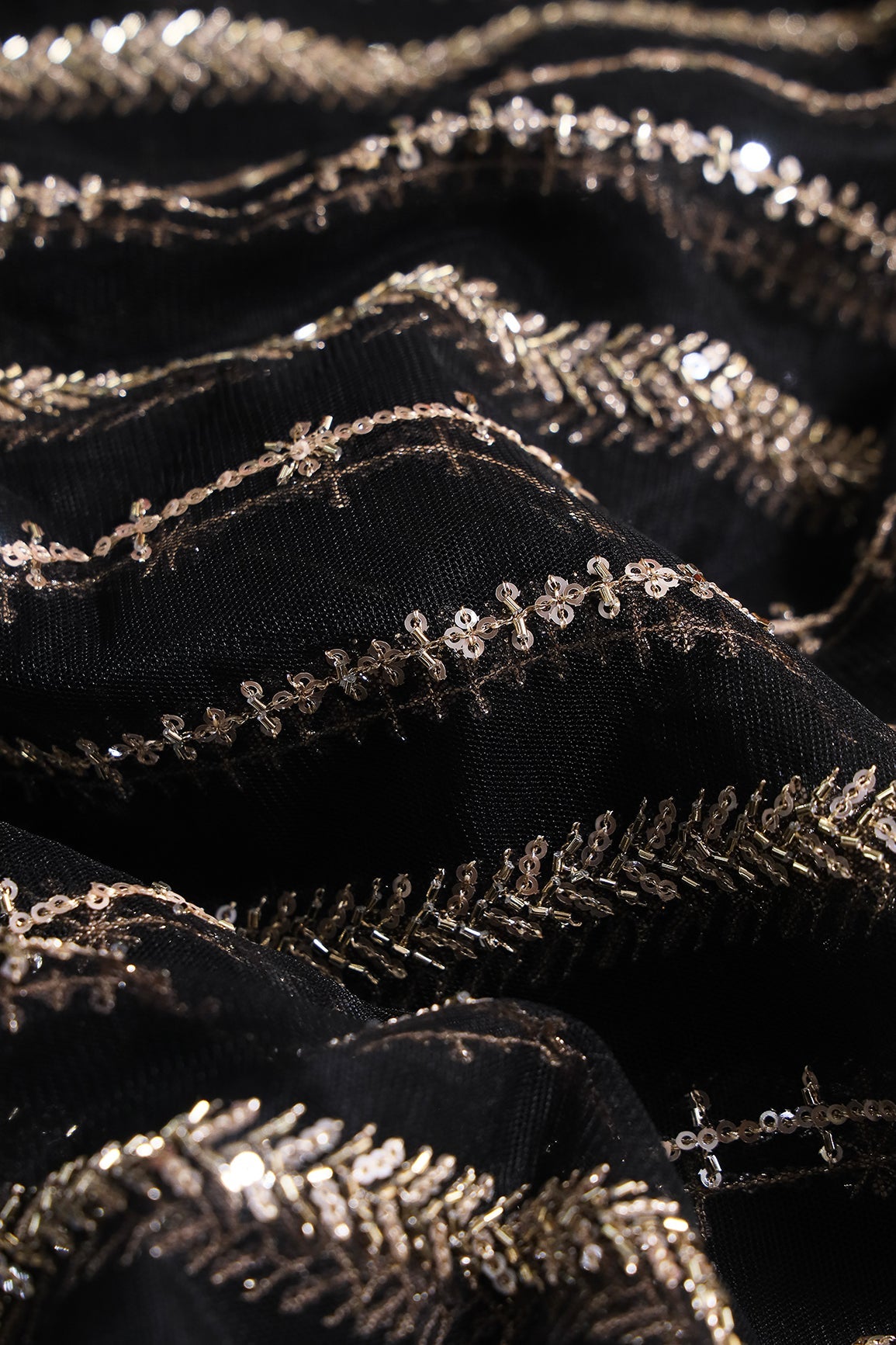 Gold Beads With Gold Sequins Beautiful Stripes Embroidery Work On Black Soft Net Fabric - doeraa