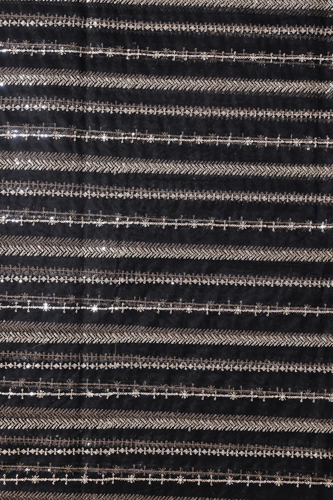 Gold Beads With Gold Sequins Beautiful Stripes Embroidery Work On Black Soft Net Fabric - doeraa