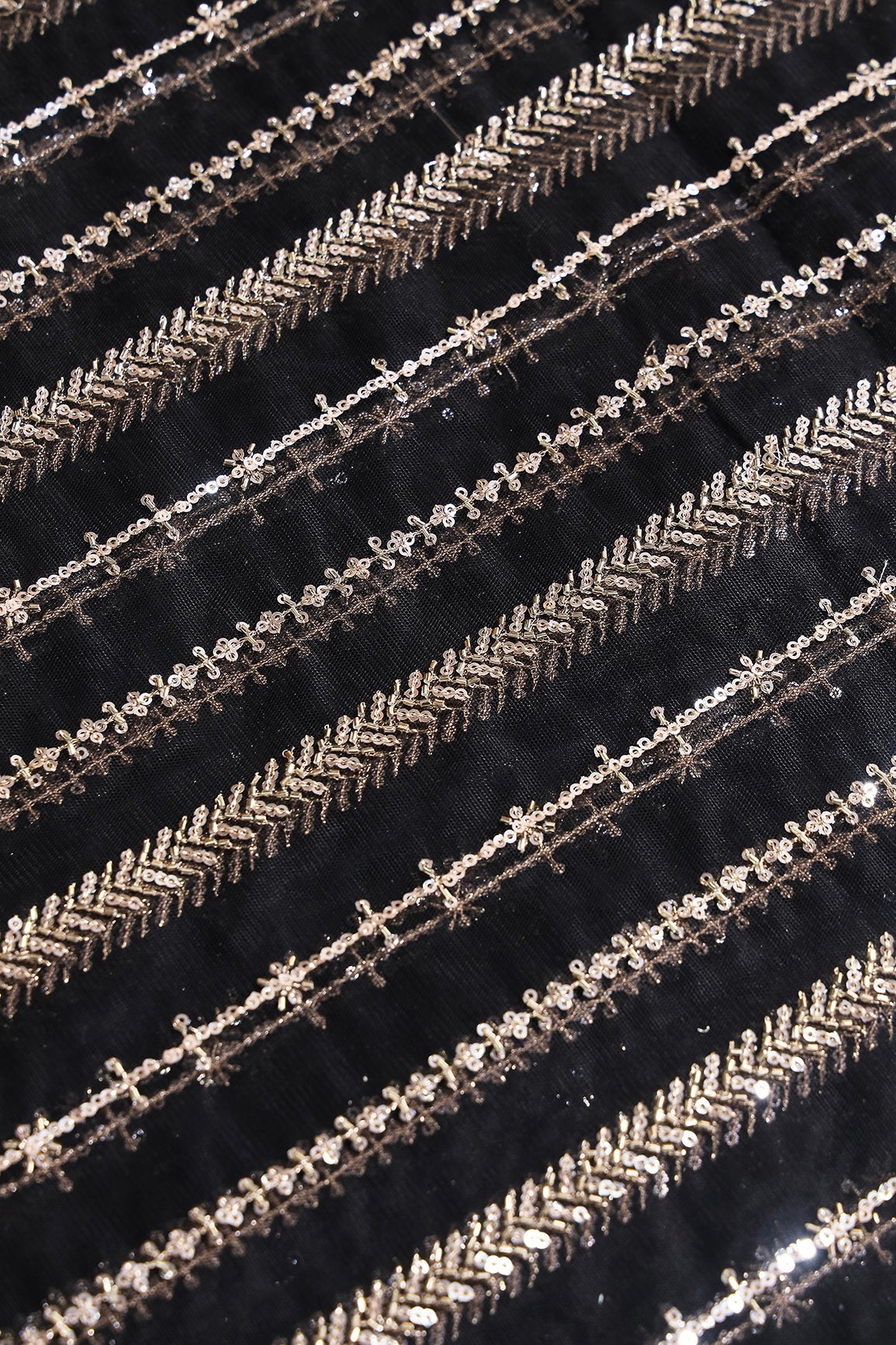Gold Beads With Gold Sequins Beautiful Stripes Embroidery Work On Black Soft Net Fabric - doeraa