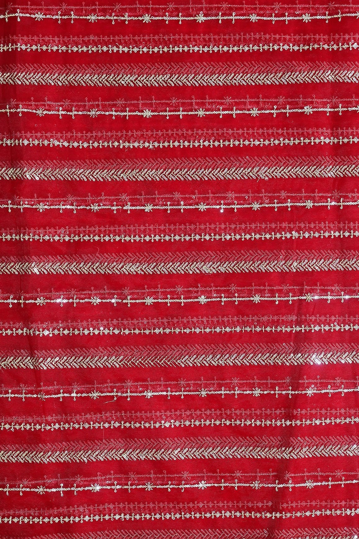 Gold Beads With Gold Sequins Beautiful Stripes Embroidery Work On Bright Red Soft Net Fabric - doeraa