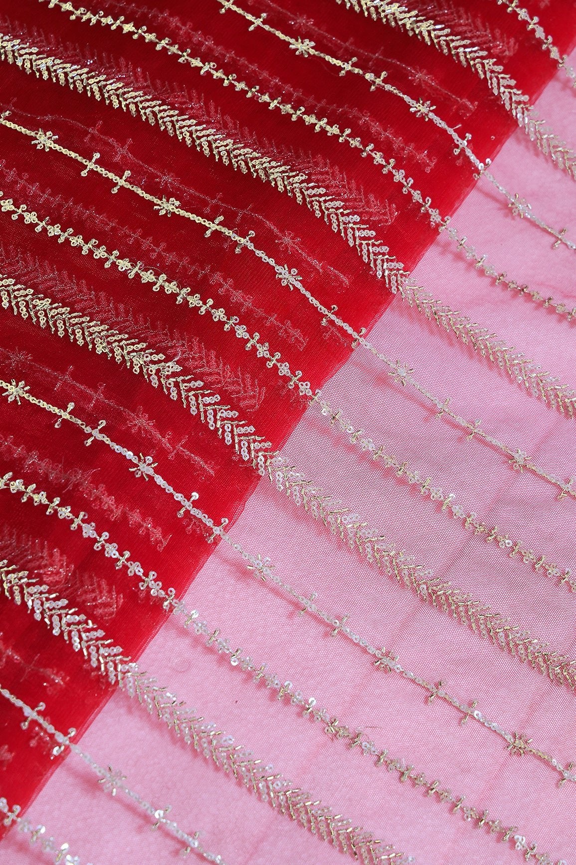 Gold Beads With Gold Sequins Beautiful Stripes Embroidery Work On Bright Red Soft Net Fabric - doeraa