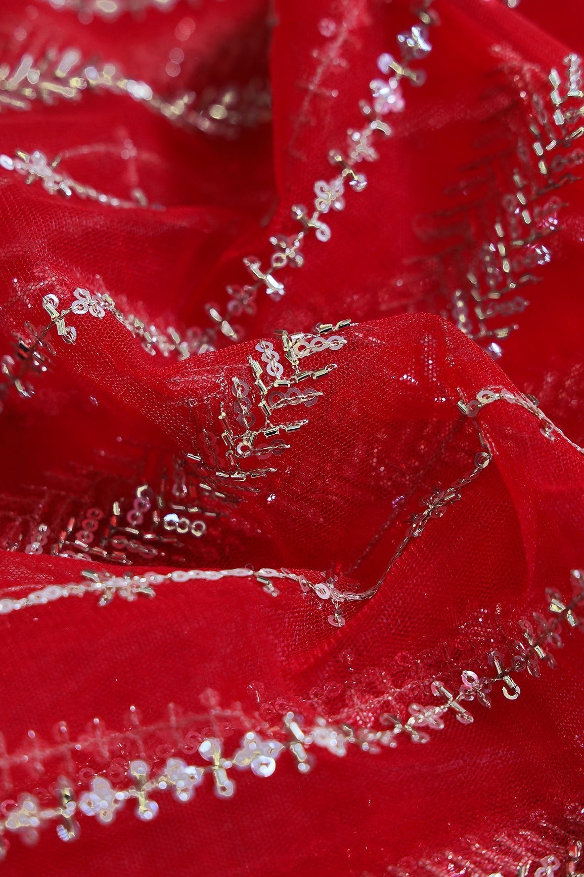 Gold Beads With Gold Sequins Beautiful Stripes Embroidery Work On Bright Red Soft Net Fabric - doeraa