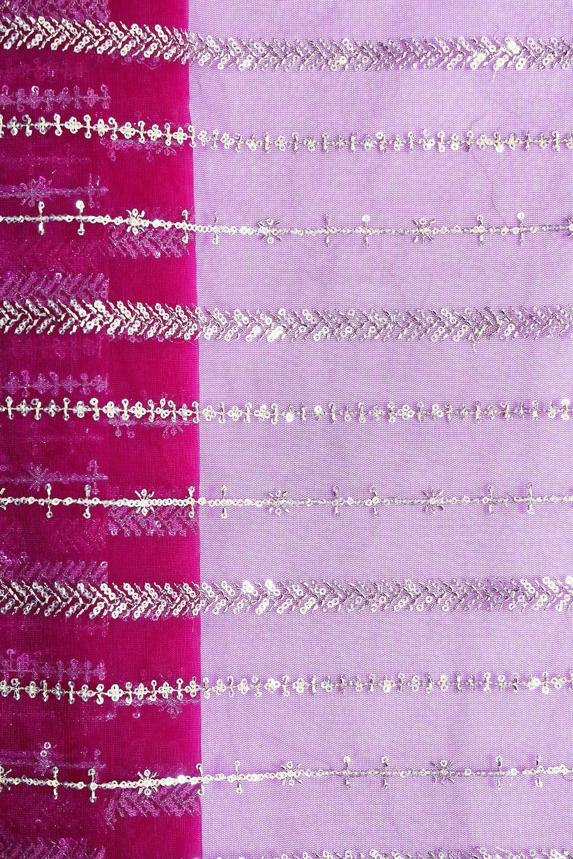 Gold Beads With Gold Sequins Beautiful Stripes Embroidery Work On Fuchsia Soft Net Fabric - doeraa