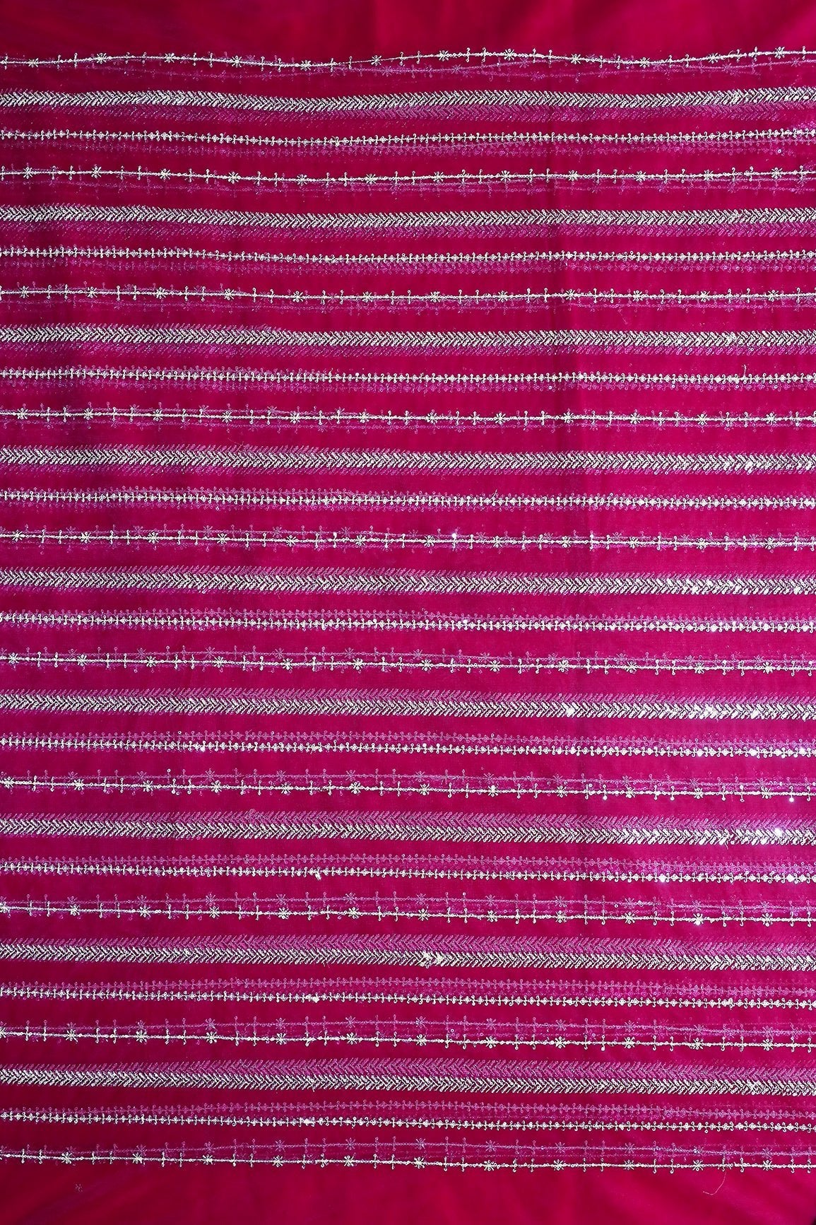 Gold Beads With Gold Sequins Beautiful Stripes Embroidery Work On Fuchsia Soft Net Fabric - doeraa