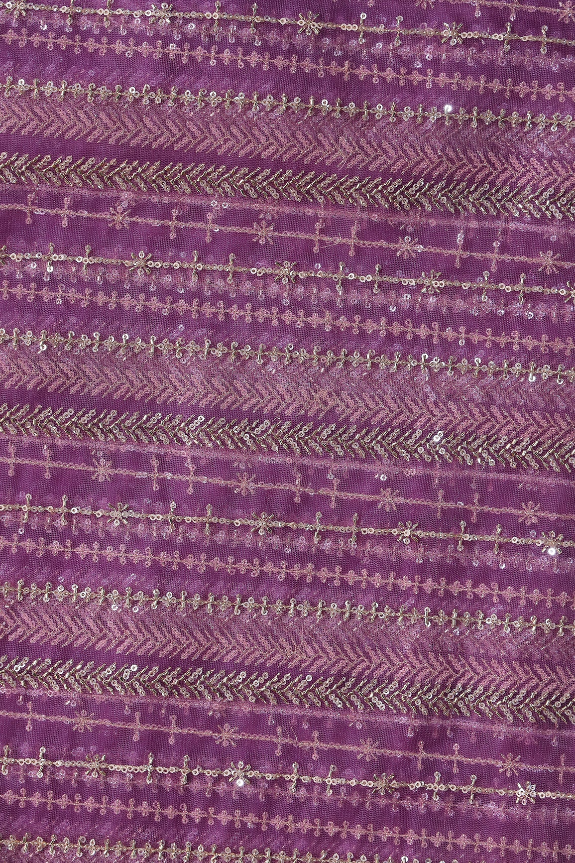 Gold Beads With Gold Sequins Beautiful Stripes Embroidery Work On Lavender Soft Net Fabric - doeraa