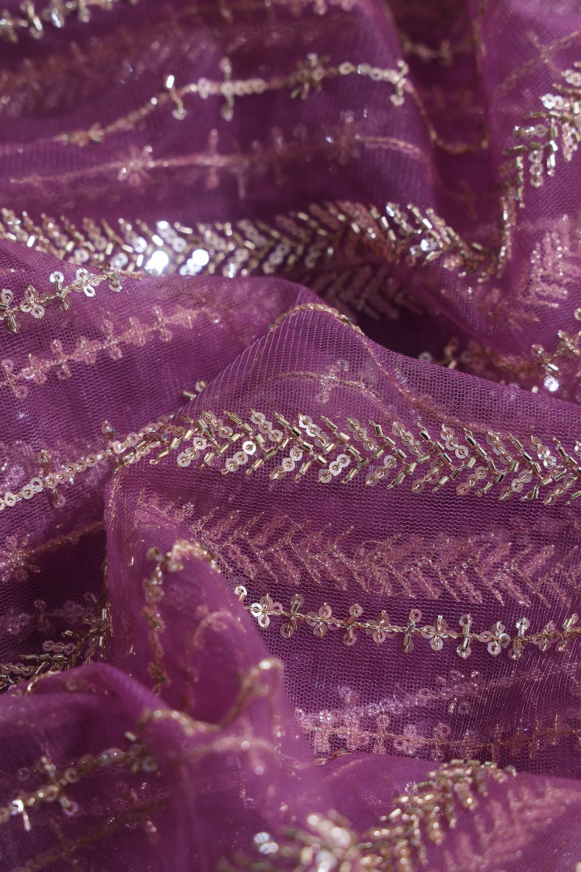Gold Beads With Gold Sequins Beautiful Stripes Embroidery Work On Lavender Soft Net Fabric - doeraa