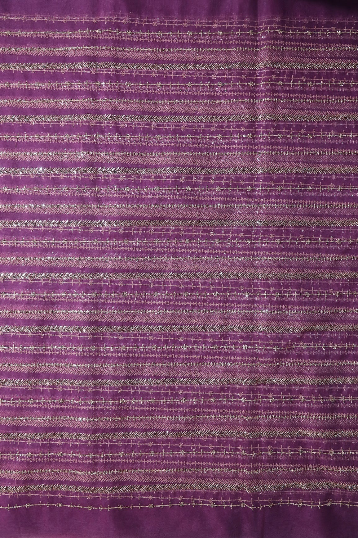 Gold Beads With Gold Sequins Beautiful Stripes Embroidery Work On Lavender Soft Net Fabric - doeraa