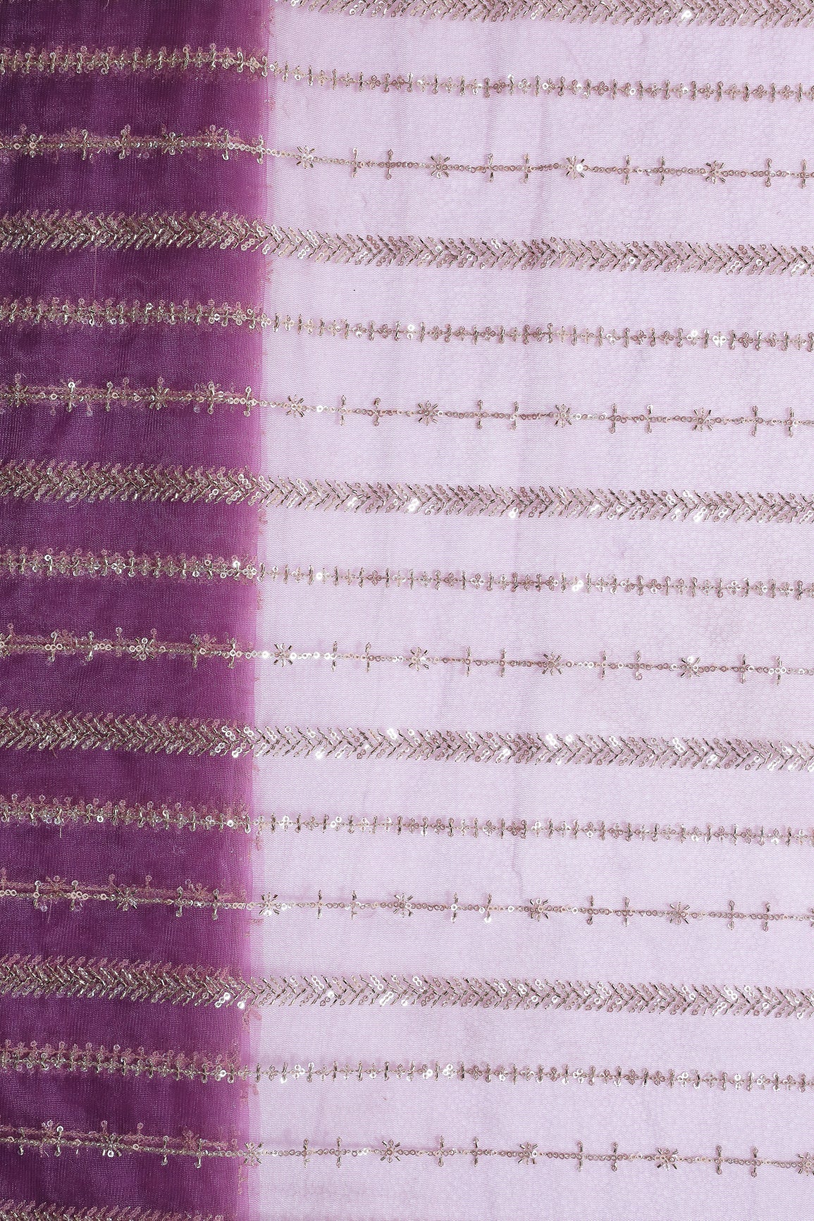 Gold Beads With Gold Sequins Beautiful Stripes Embroidery Work On Lavender Soft Net Fabric - doeraa