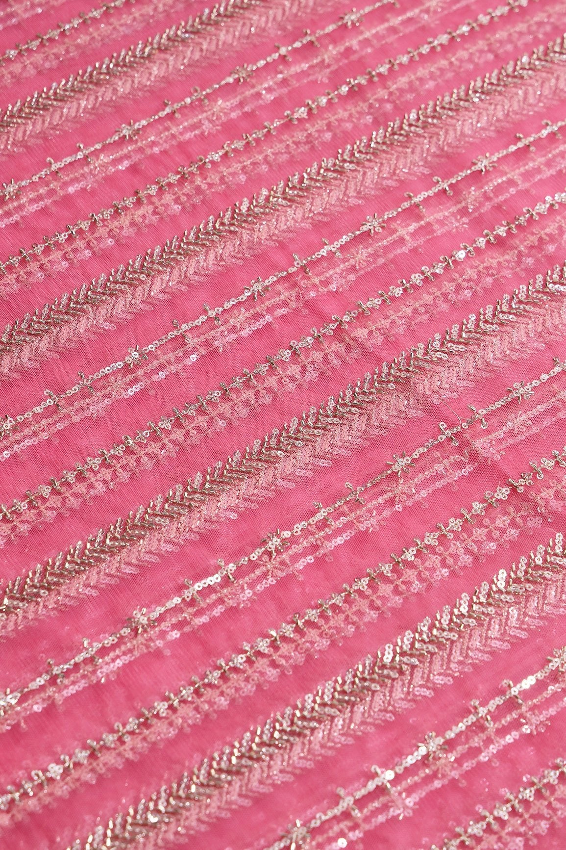 Gold Beads With Gold Sequins Beautiful Stripes Embroidery Work On Pink Soft Net Fabric - doeraa