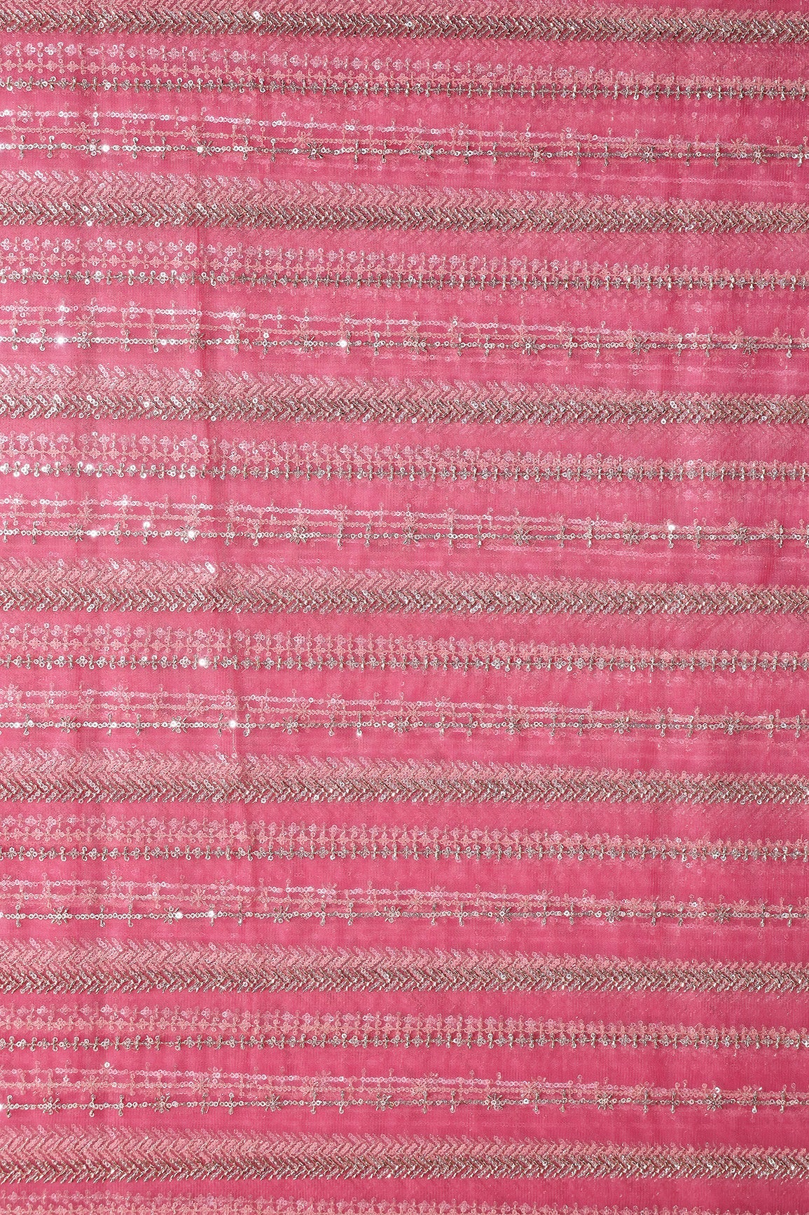 Gold Beads With Gold Sequins Beautiful Stripes Embroidery Work On Pink Soft Net Fabric - doeraa