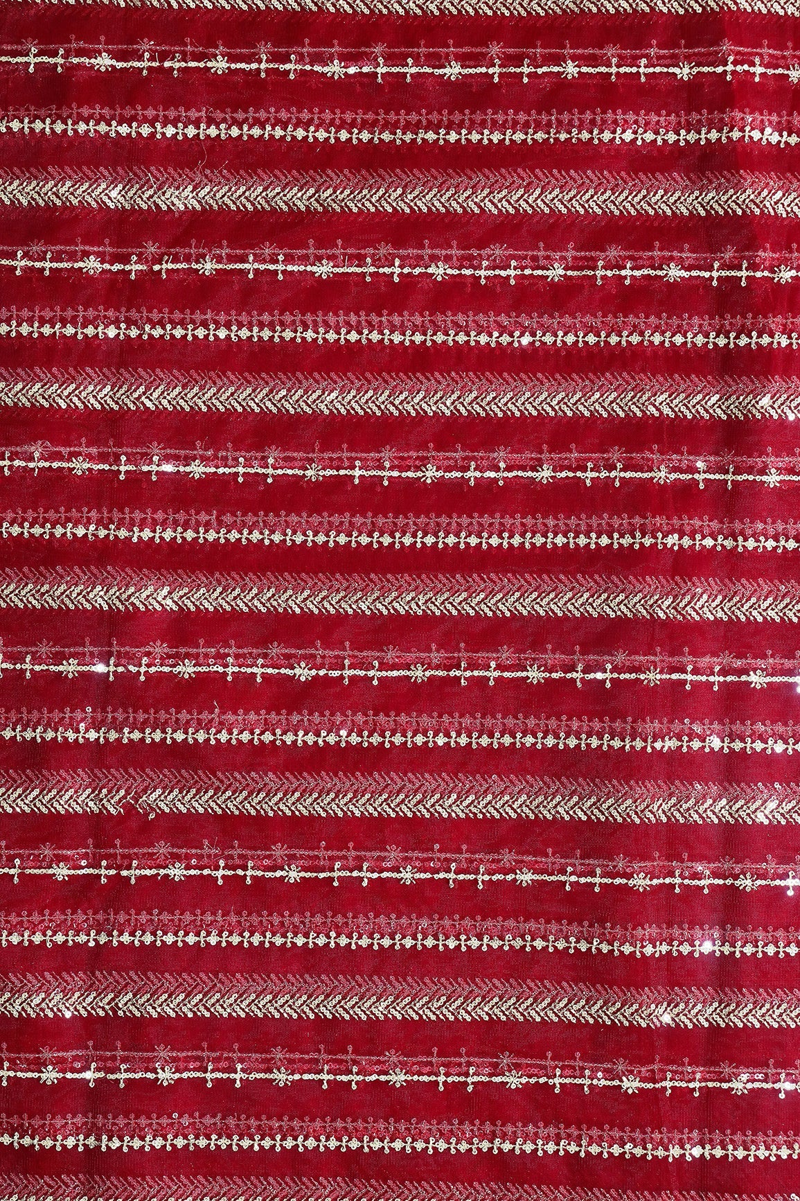 Gold Beads With Gold Sequins Beautiful Stripes Embroidery Work On Red Soft Net Fabric - doeraa