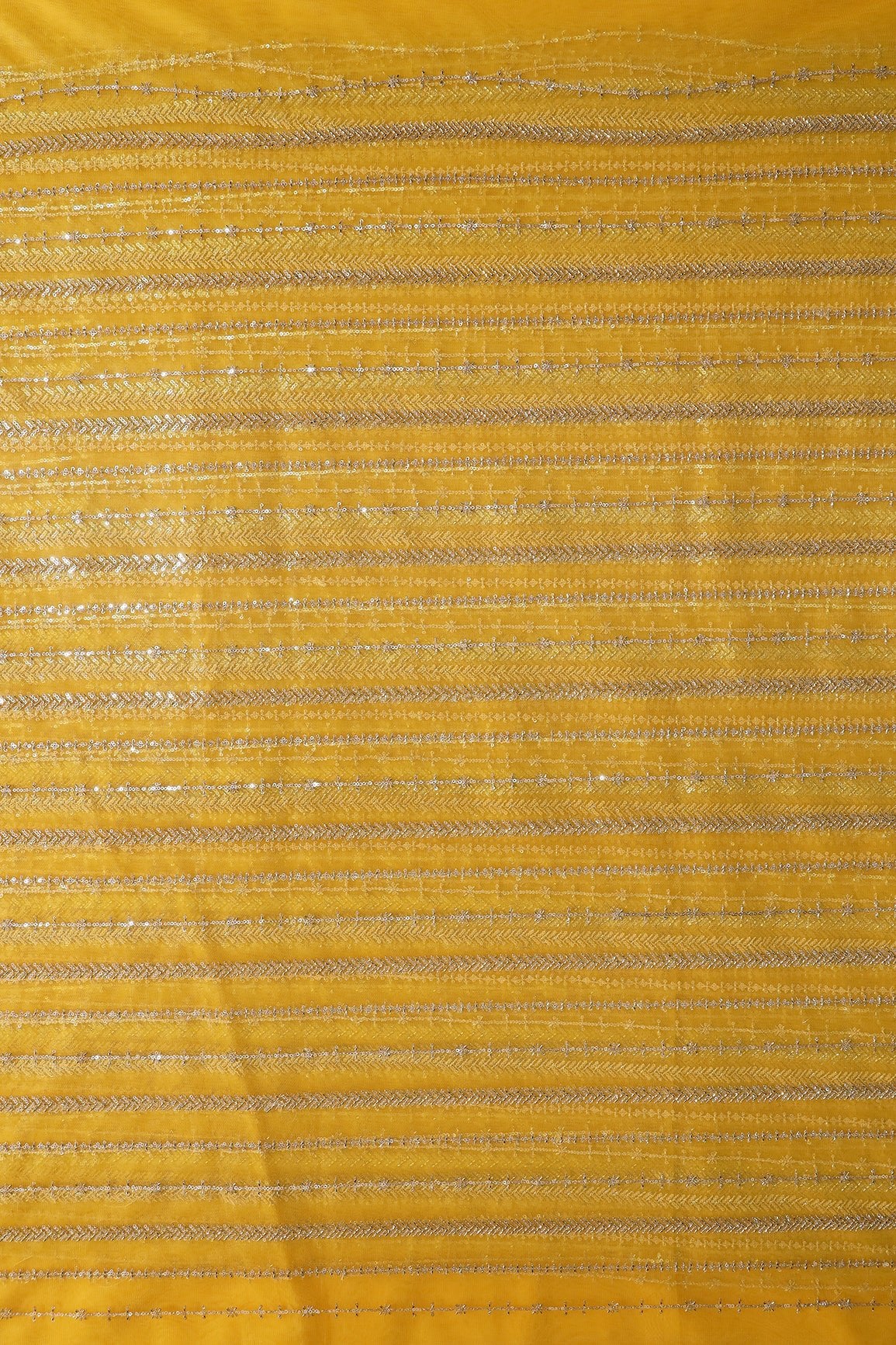 Gold Beads With Gold Sequins Beautiful Stripes Embroidery Work On Yellow Soft Net Fabric - doeraa