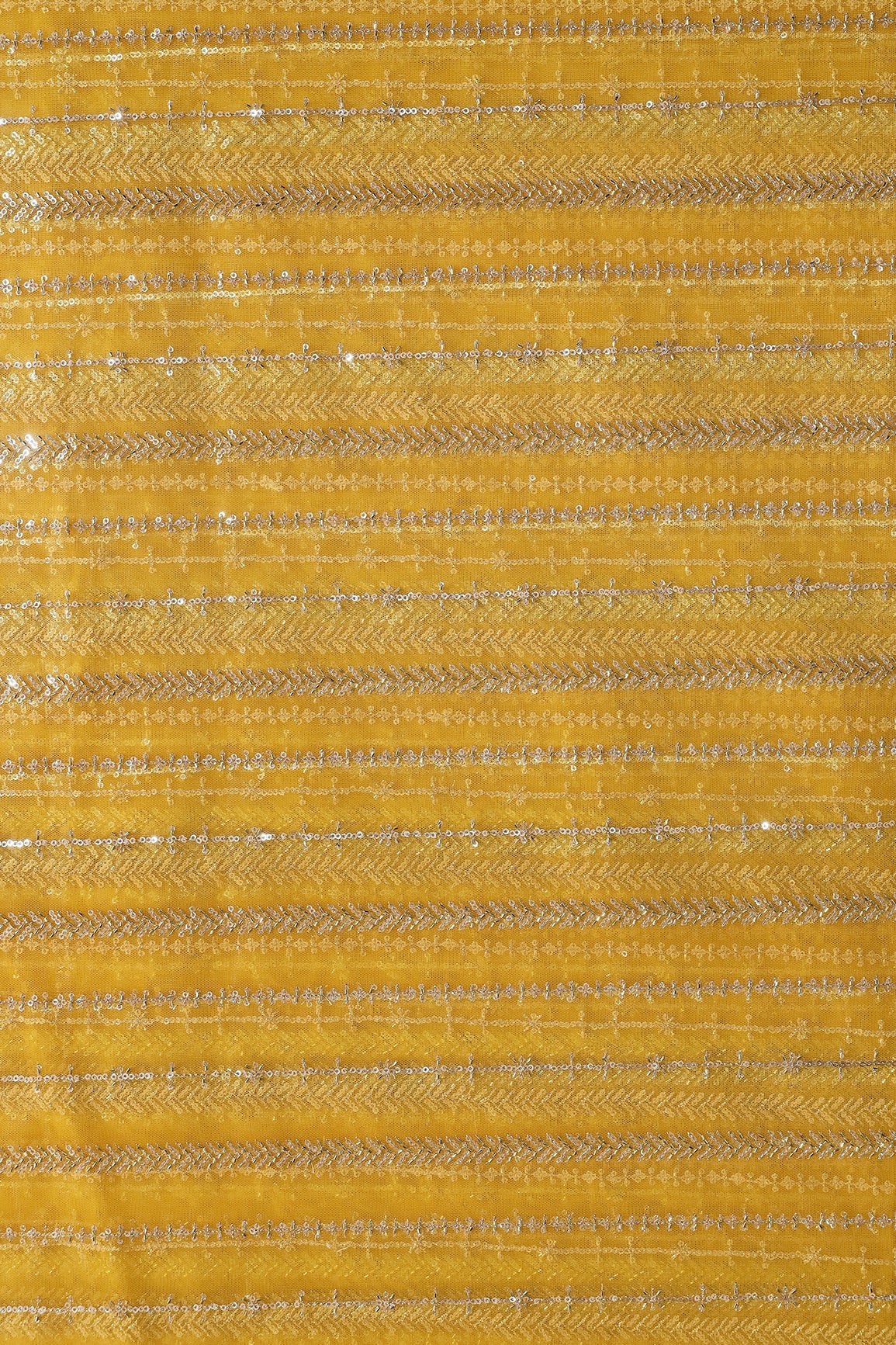 Gold Beads With Gold Sequins Beautiful Stripes Embroidery Work On Yellow Soft Net Fabric - doeraa
