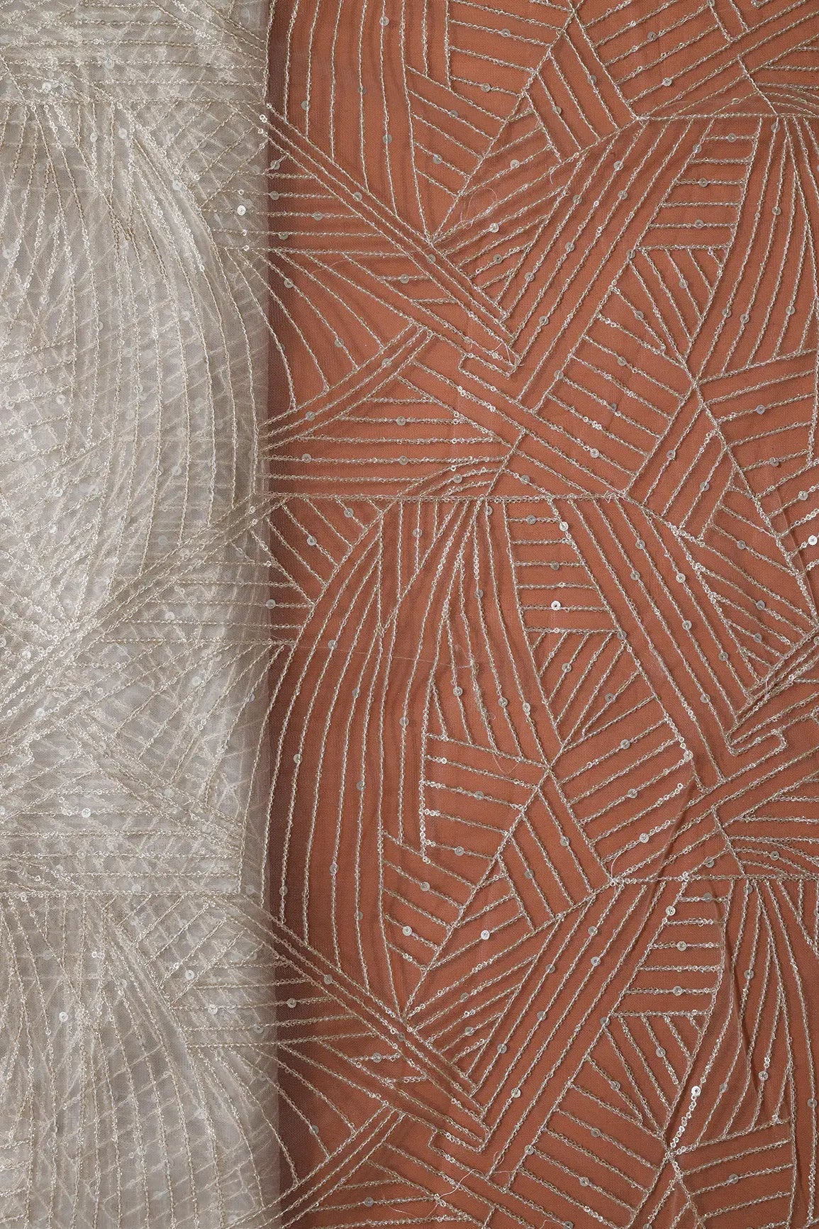 Gold Glitter Small Sequins Geometric Embroidery On Dyeable White Soft Net Fabric - doeraa