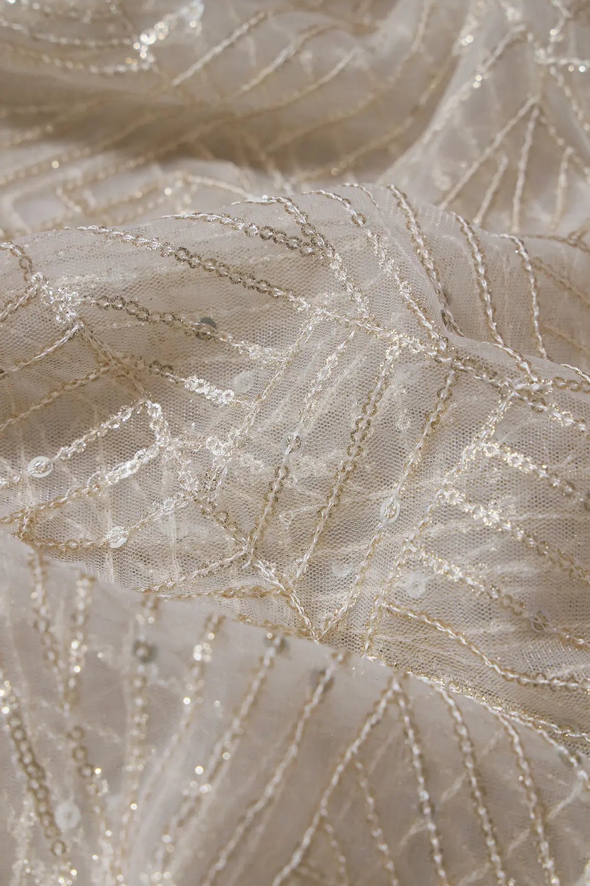 Gold Glitter Small Sequins Geometric Embroidery On Dyeable White Soft Net Fabric - doeraa