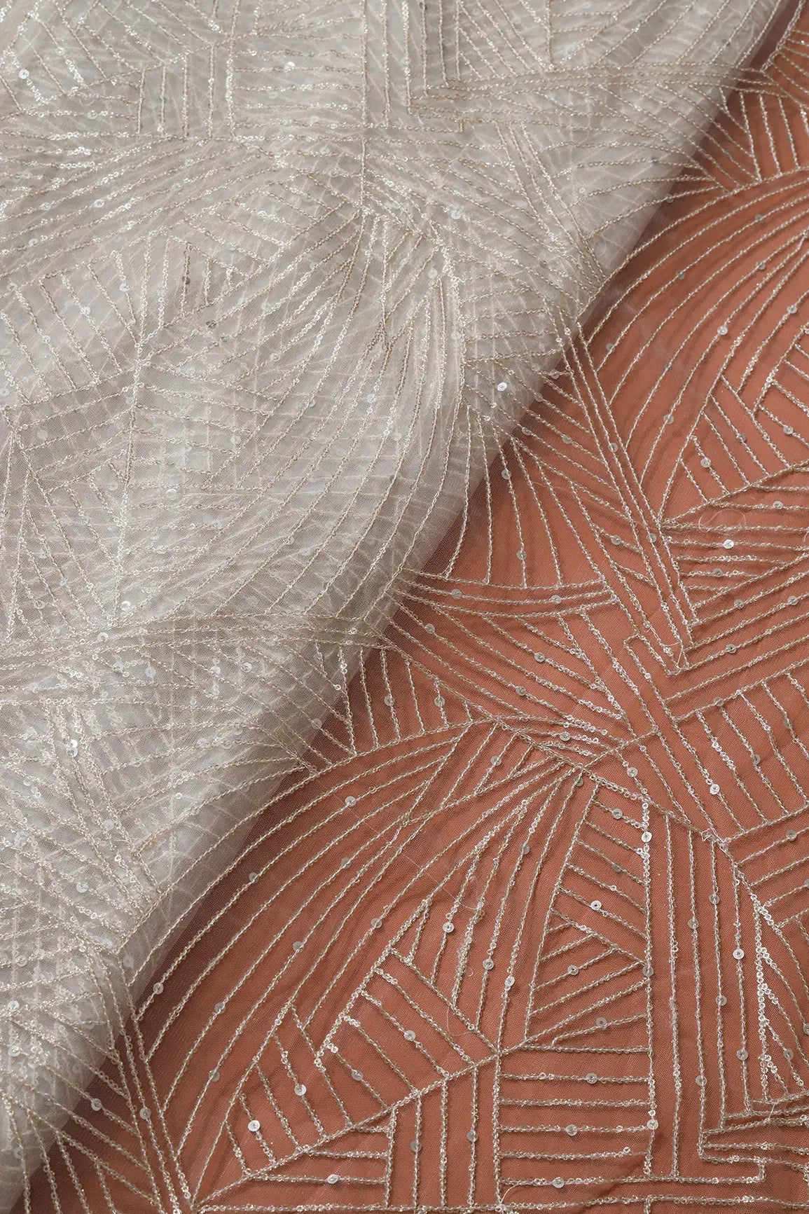 Gold Glitter Small Sequins Geometric Embroidery On Dyeable White Soft Net Fabric - doeraa