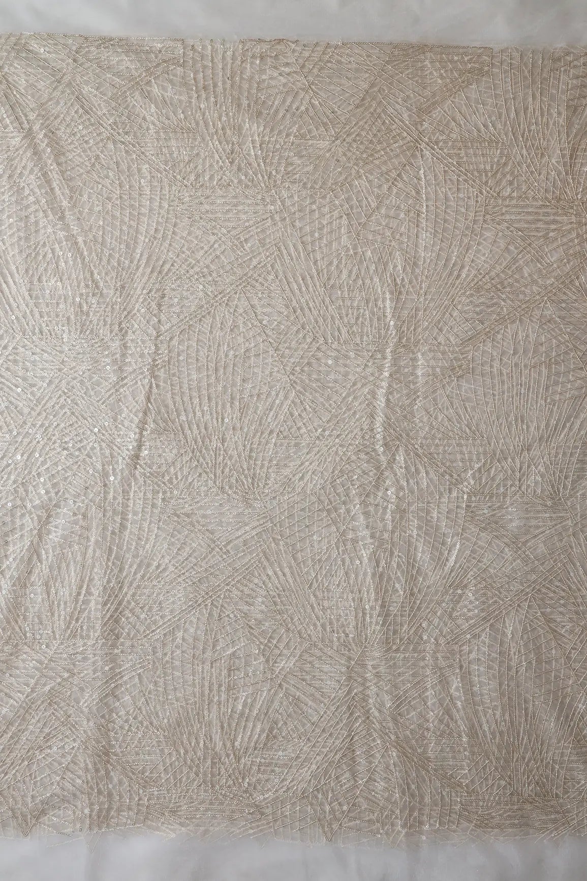 Gold Glitter Small Sequins Geometric Embroidery On Dyeable White Soft Net Fabric - doeraa