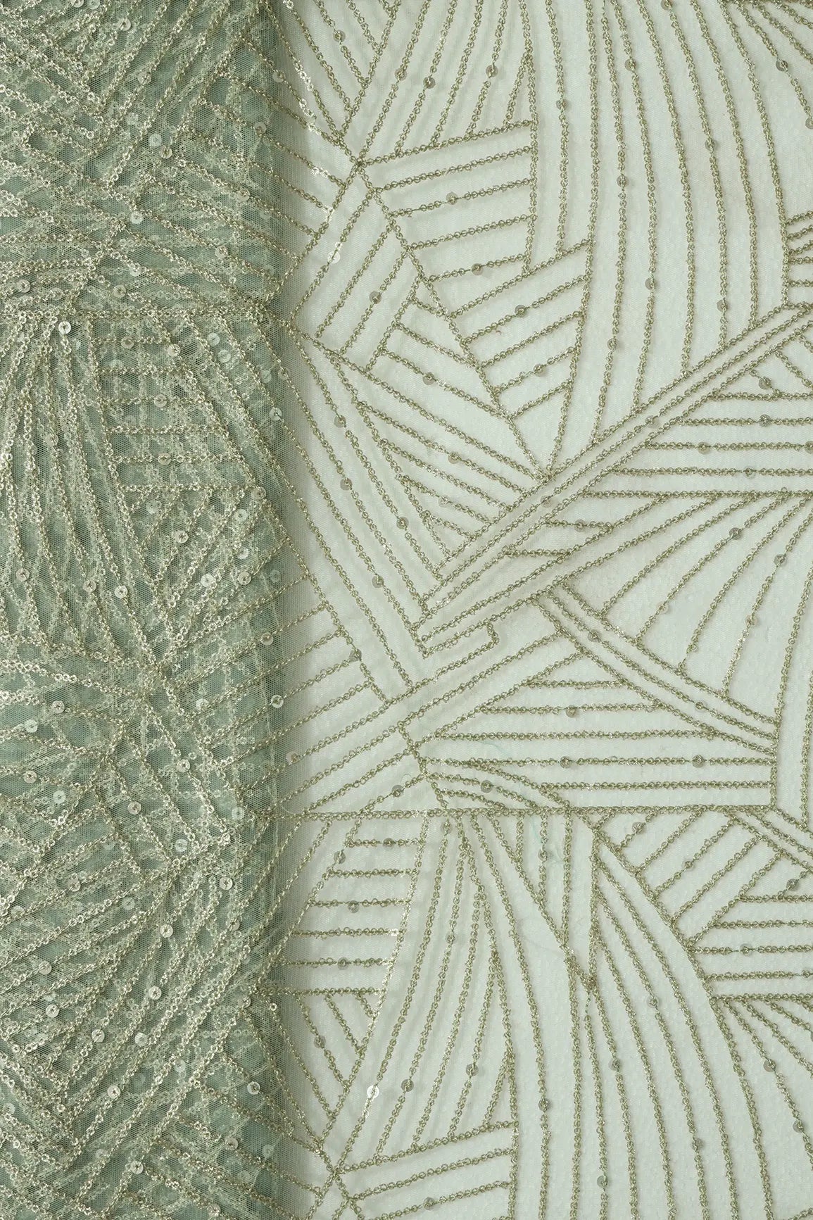 Gold Glitter Small Sequins Geometric Embroidery On Olive Soft Net Fabric - doeraa