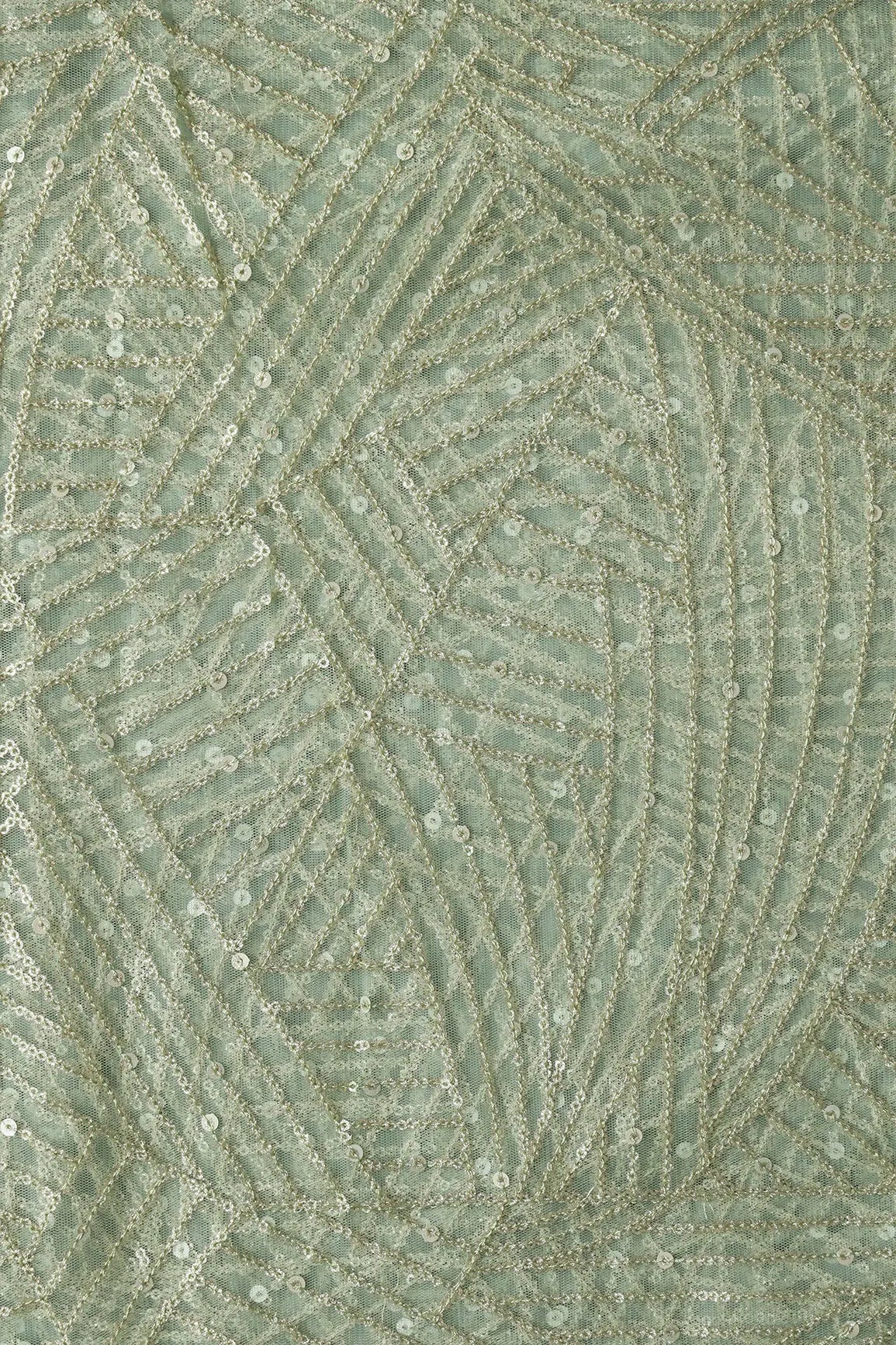 Gold Glitter Small Sequins Geometric Embroidery On Olive Soft Net Fabric - doeraa