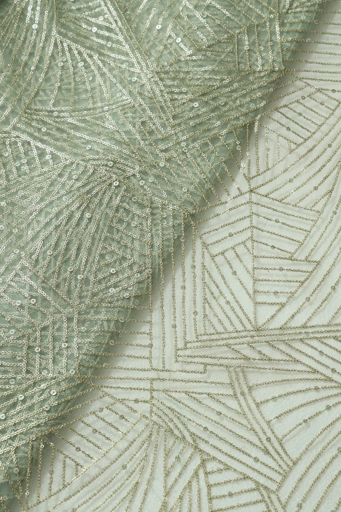 Gold Glitter Small Sequins Geometric Embroidery On Olive Soft Net Fabric - doeraa