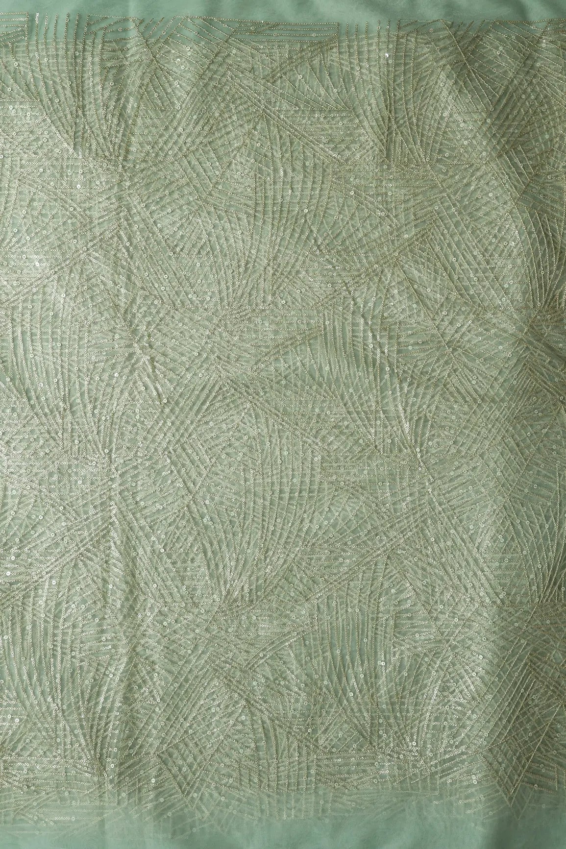 Gold Glitter Small Sequins Geometric Embroidery On Olive Soft Net Fabric - doeraa