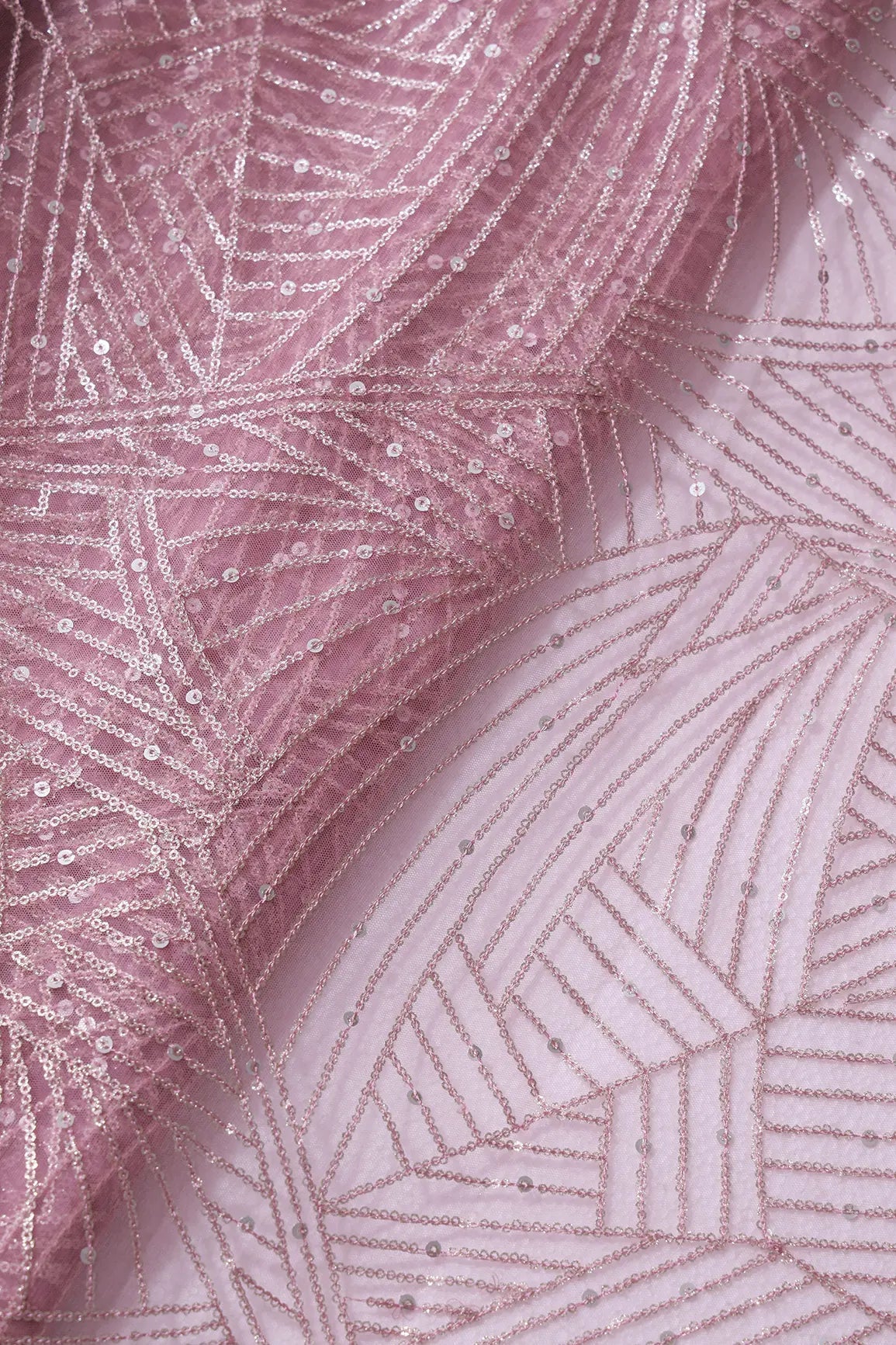 Gold Glitter Small Sequins Geometric Embroidery On Pink Soft Net Fabric - doeraa