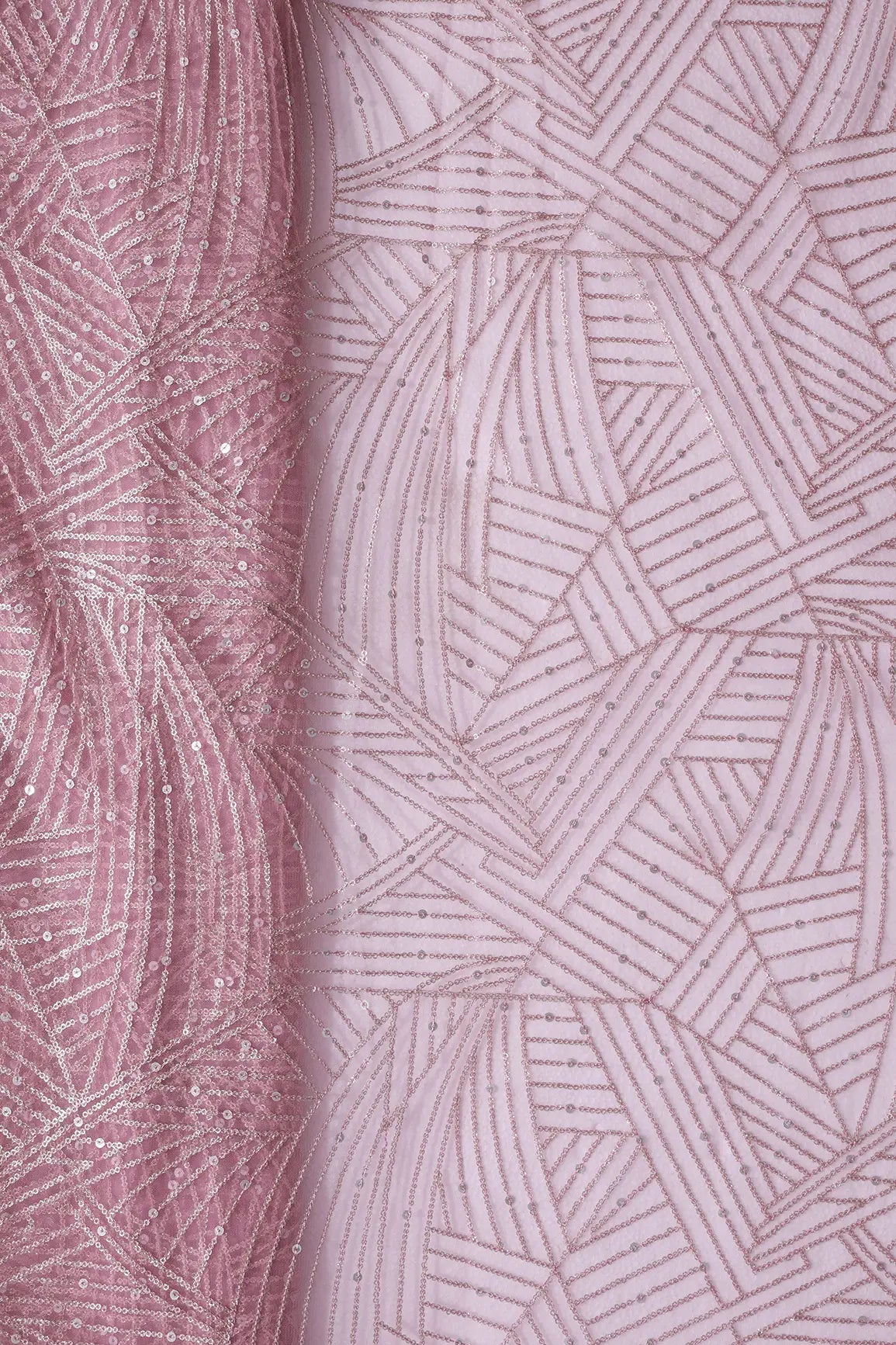 Gold Glitter Small Sequins Geometric Embroidery On Pink Soft Net Fabric - doeraa