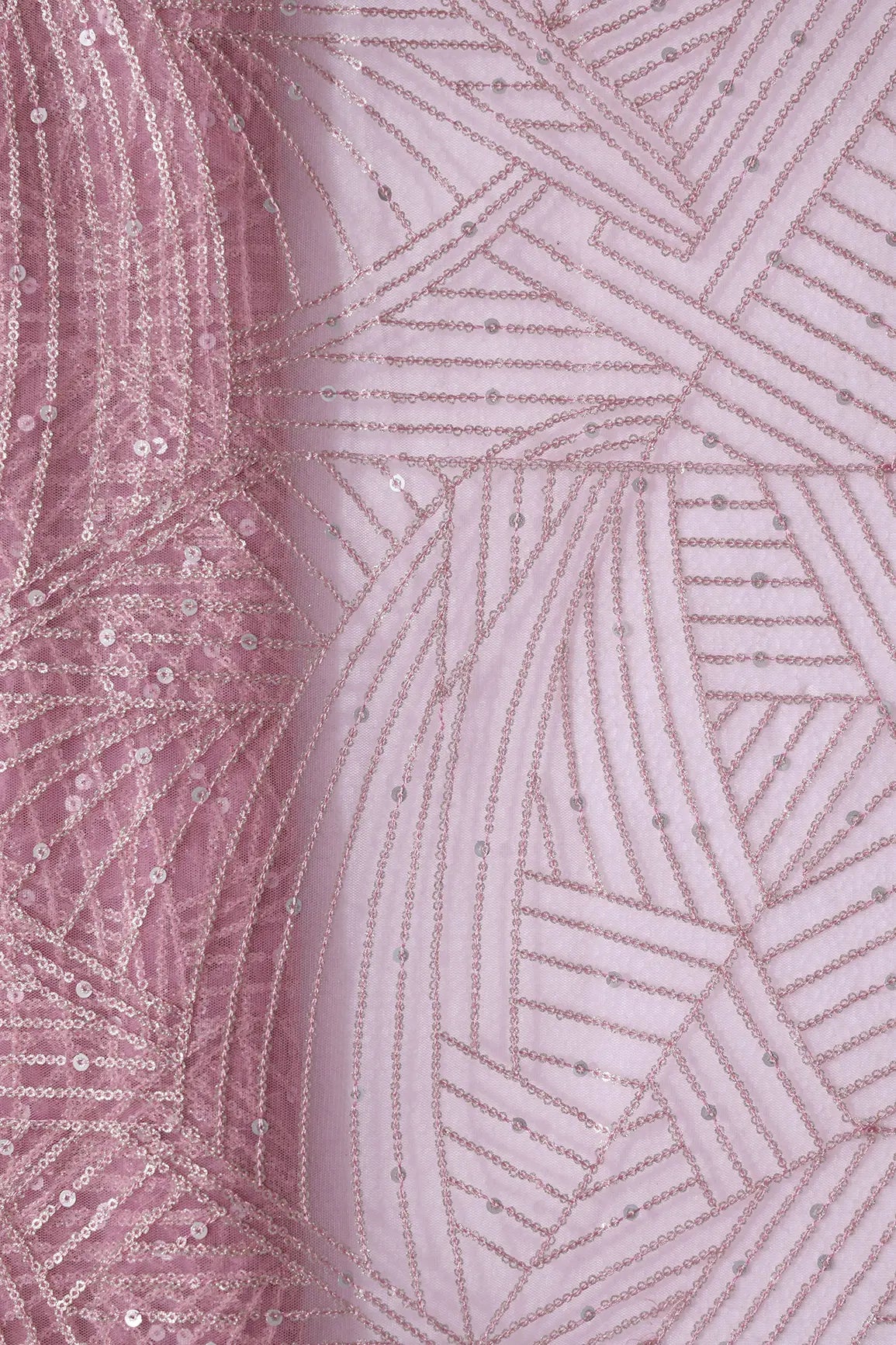 Gold Glitter Small Sequins Geometric Embroidery On Pink Soft Net Fabric - doeraa